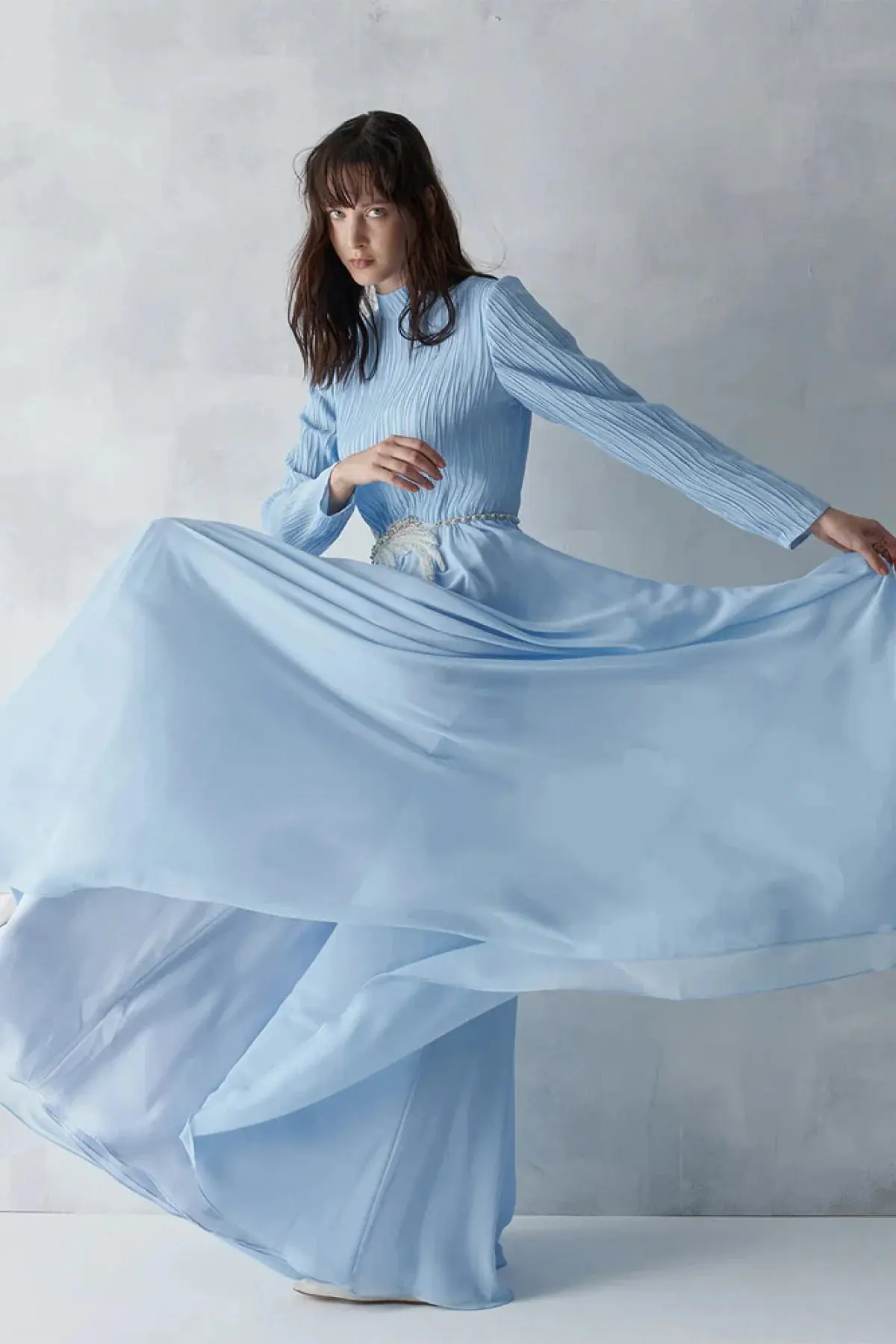 Pleated Bodice Embellished Evening Gown – Light Blue, photo 2