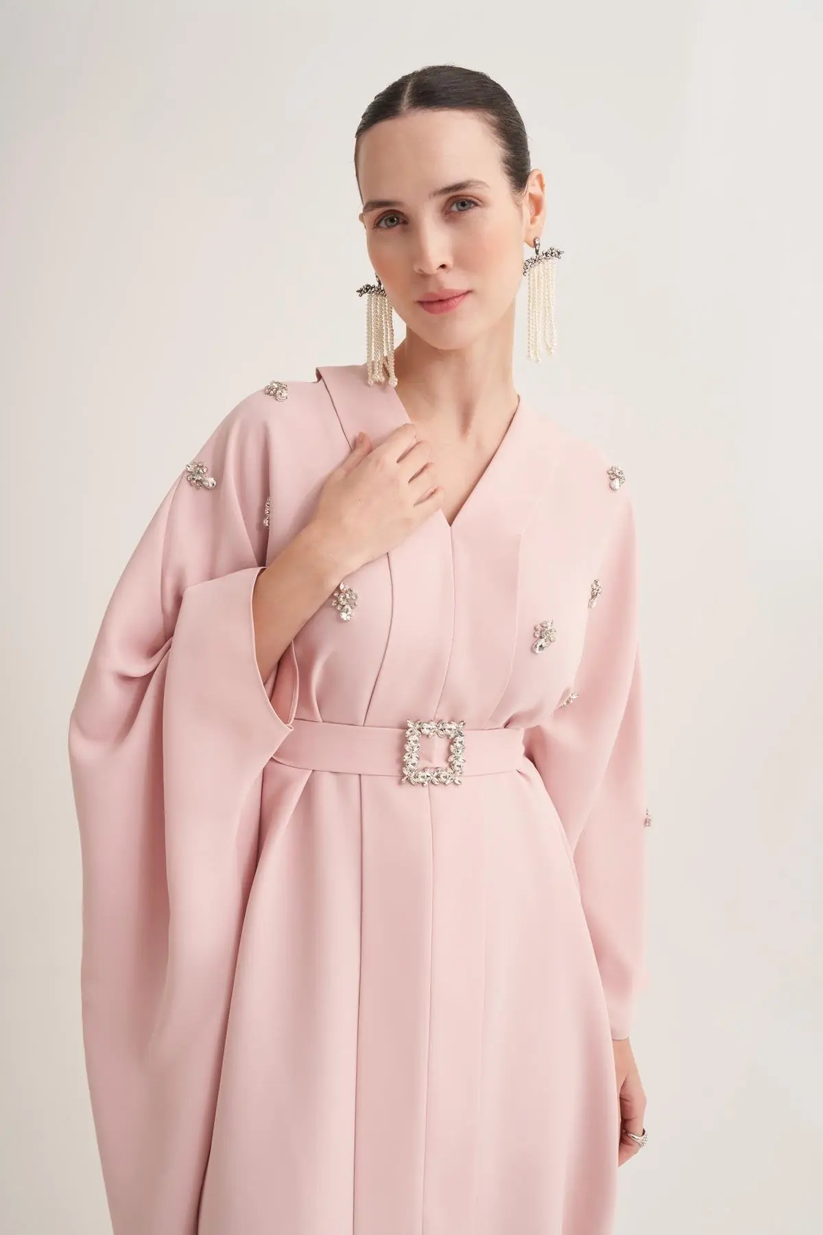 Selena Embellished Belted Evening Kaftan – Powder, photo 2