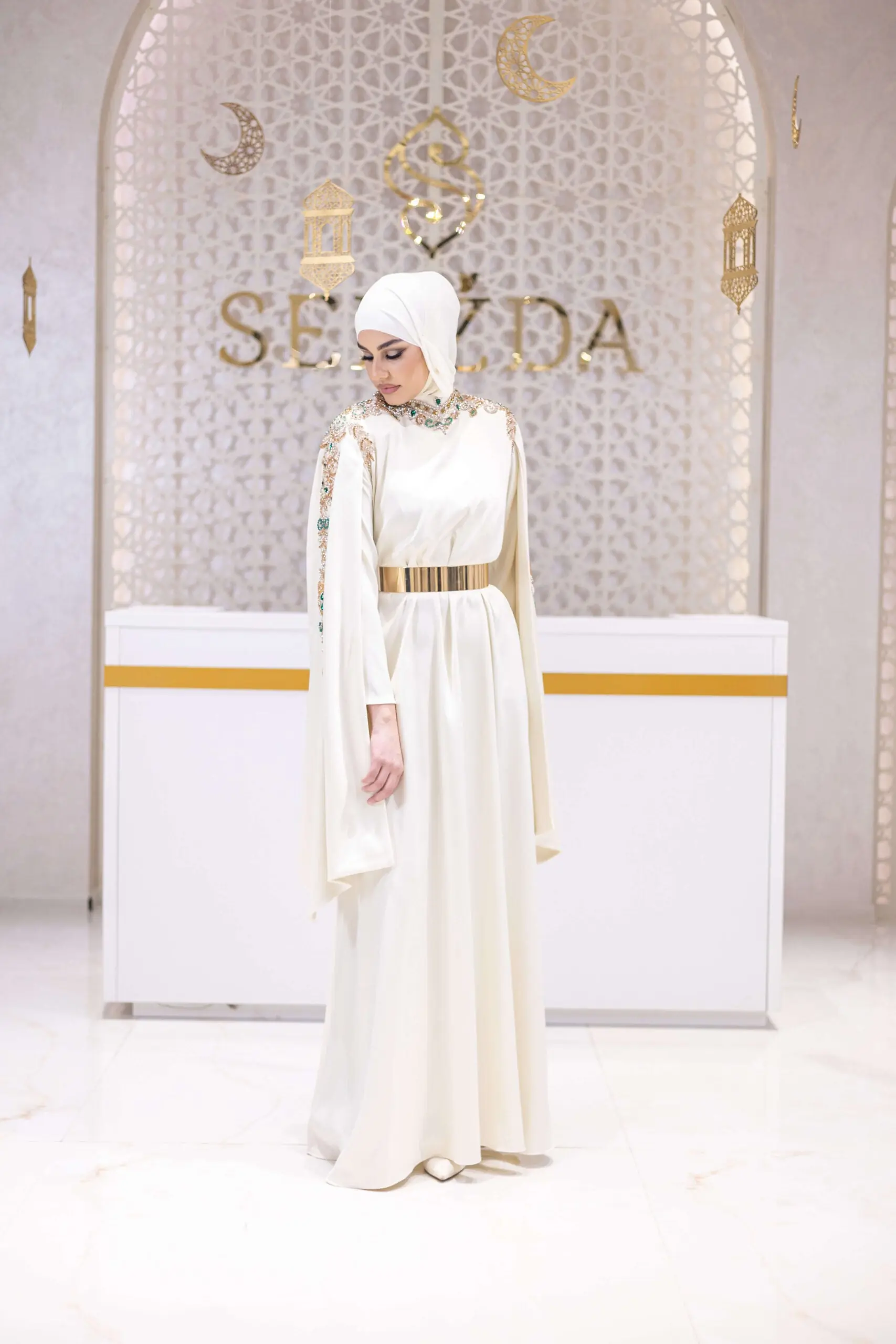 Celestial Bloom Embellished Satin Gown – White
