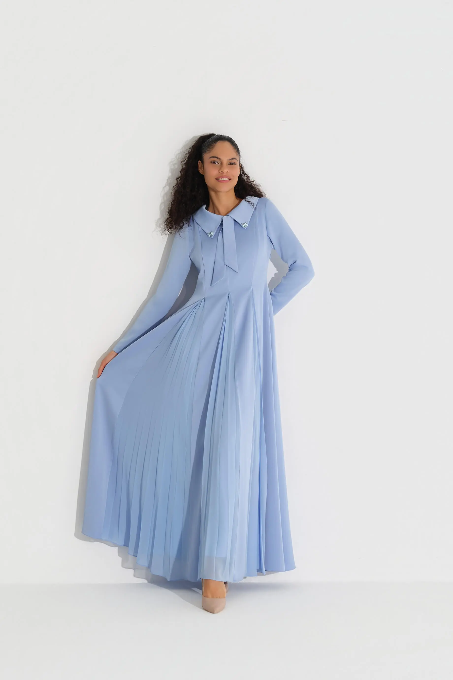 Bow-Collar Crepe Dress – Blue, photo 7