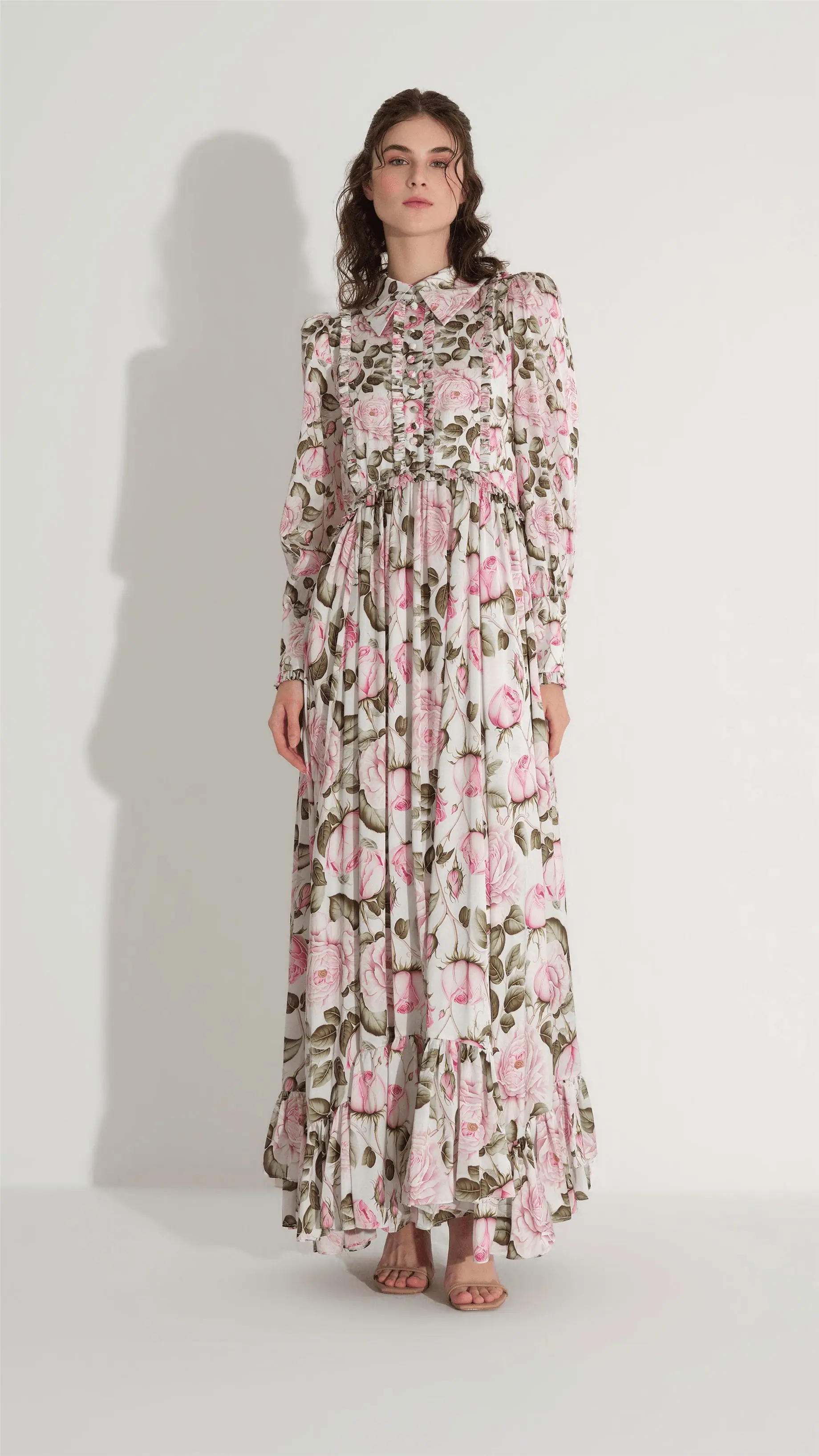 Floral Print Satin Shirt Dress – Cream