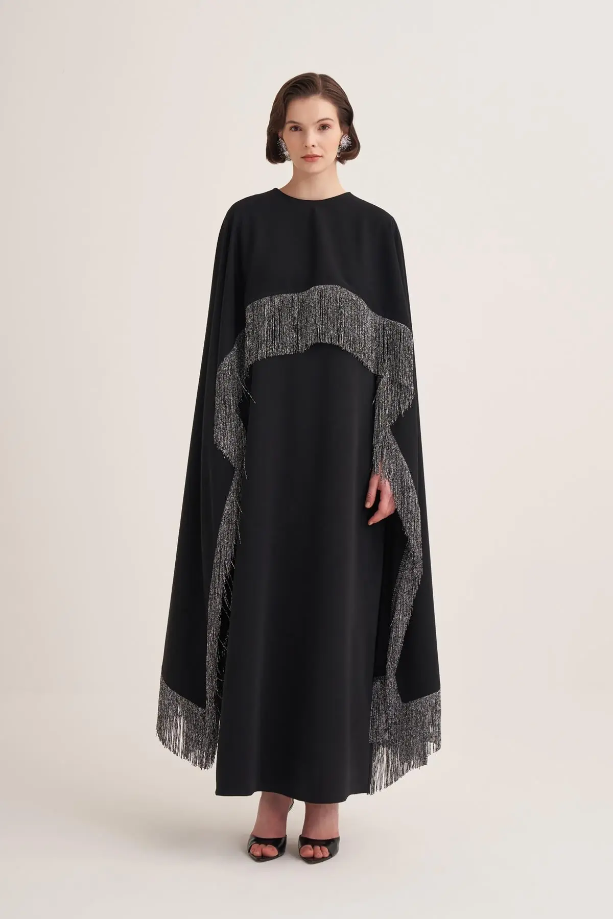 Milena Fringed Cape Maxi Dress – Black, photo 2