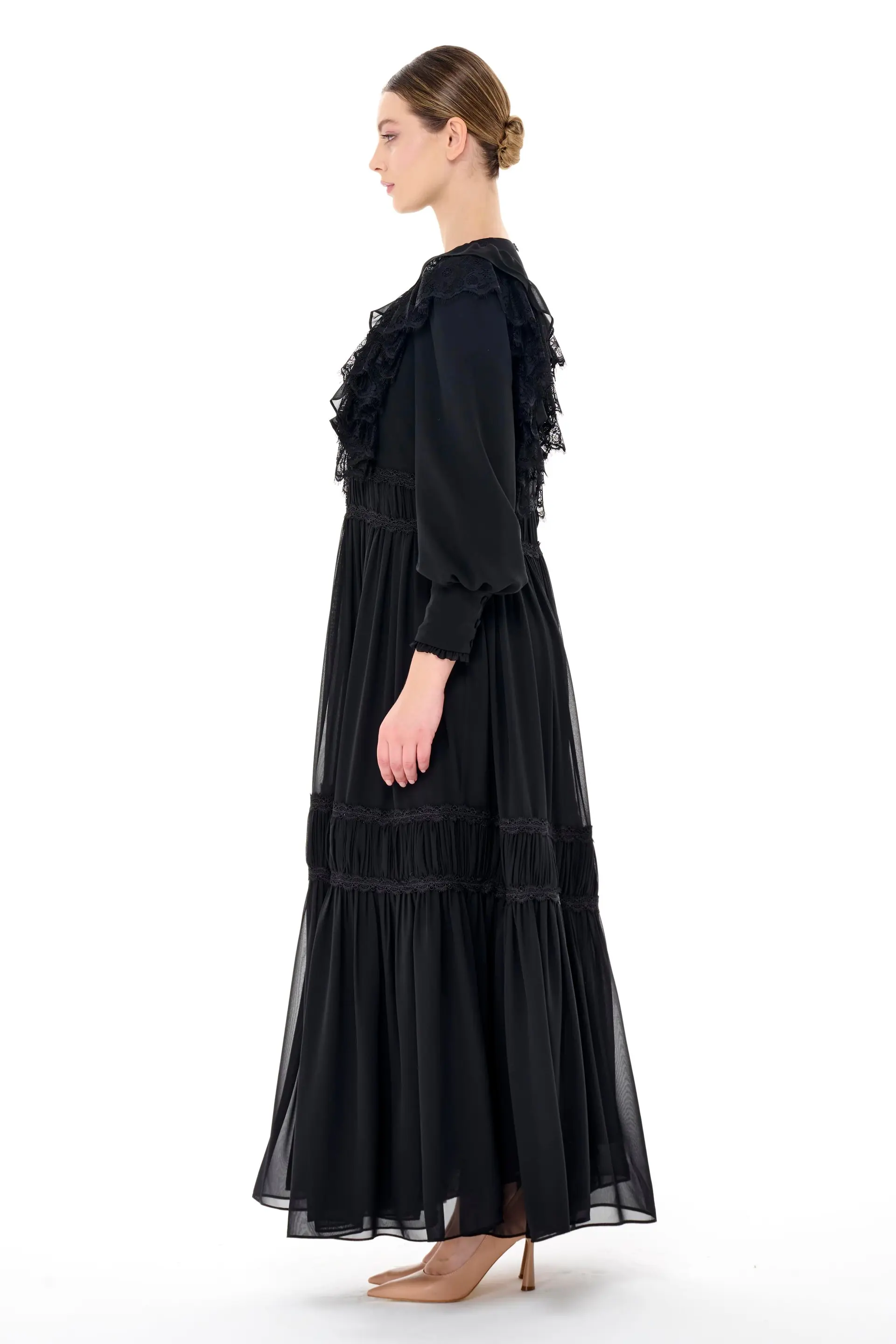 Lace Trim Gathered Tiered Dress – Black, photo 3