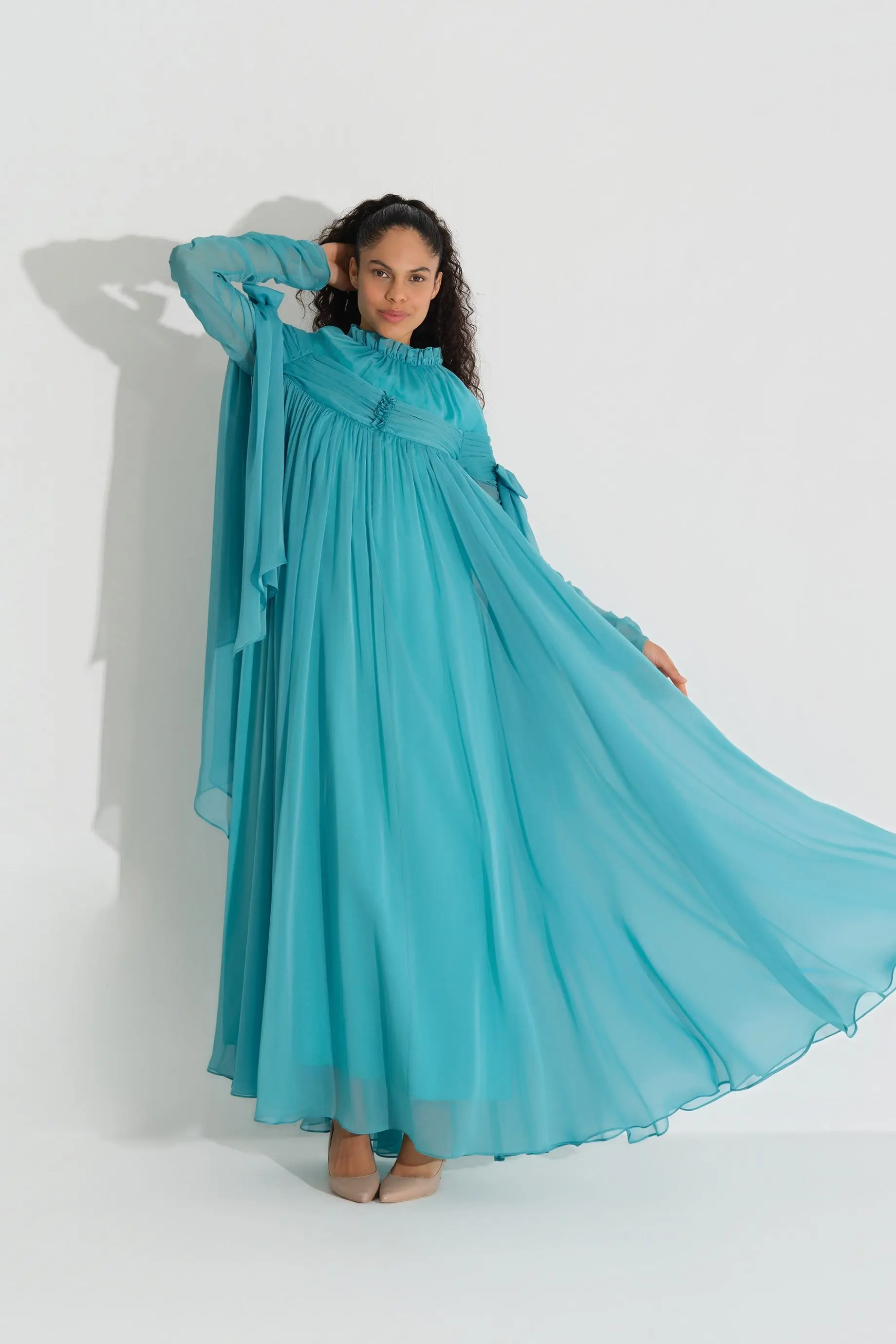 Ruffle & Bow-Tie Detail Shimmer Dress -  Turquoise, photo 4