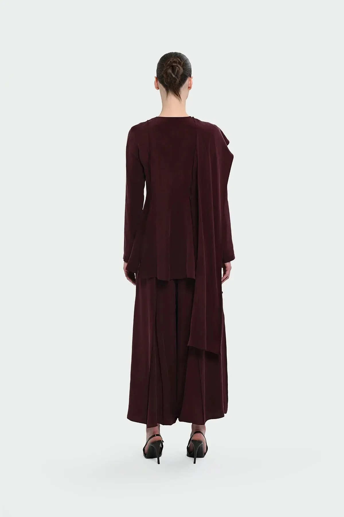 Asymmetric Draped Blouse & Wide-Leg Trouser Set - Burgundy, photo 5