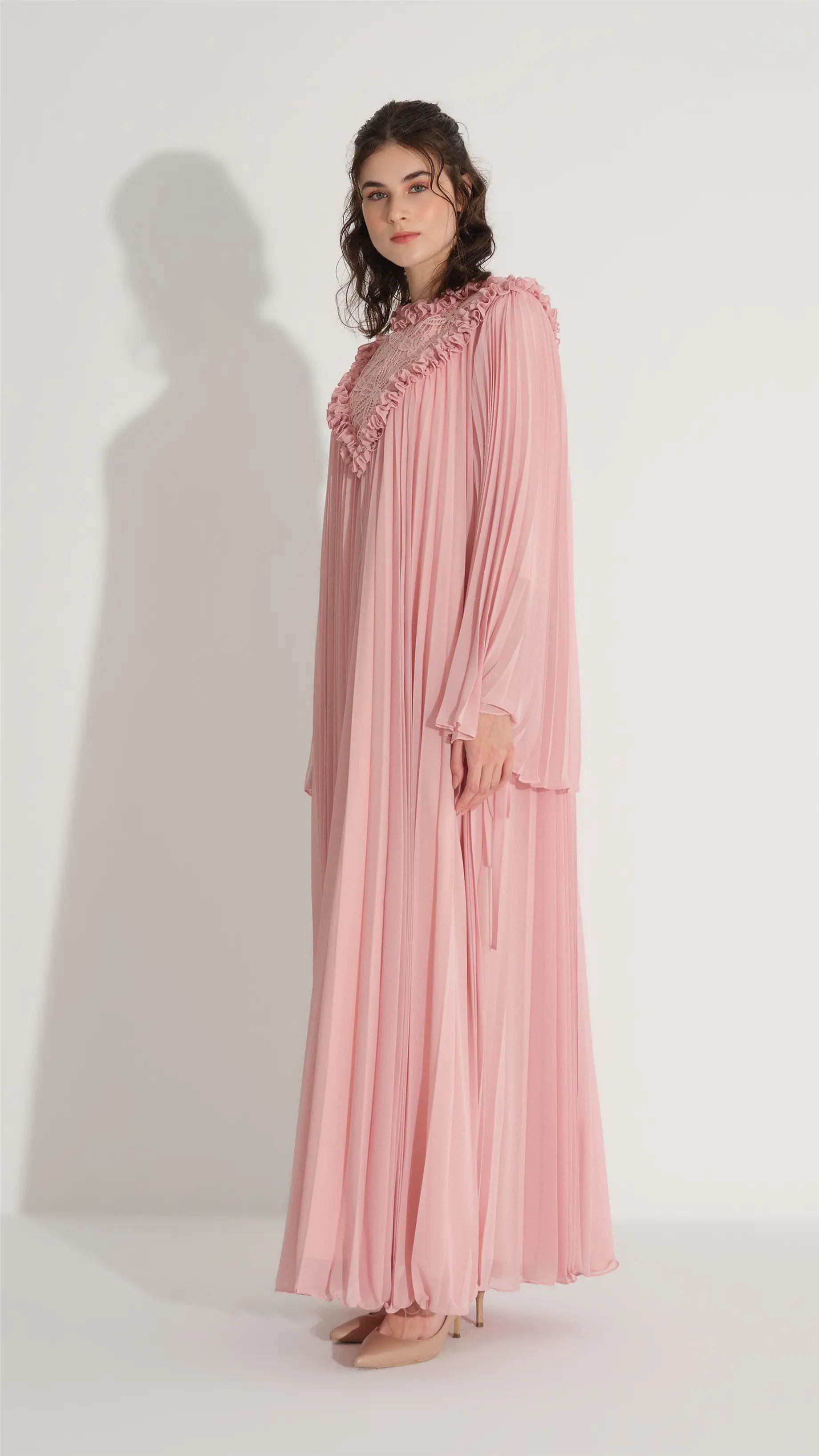 ÜST BEDENİ DANTEL FIRFIR DETAYLI PİLİSE ELBİSE Pembe, photo 6