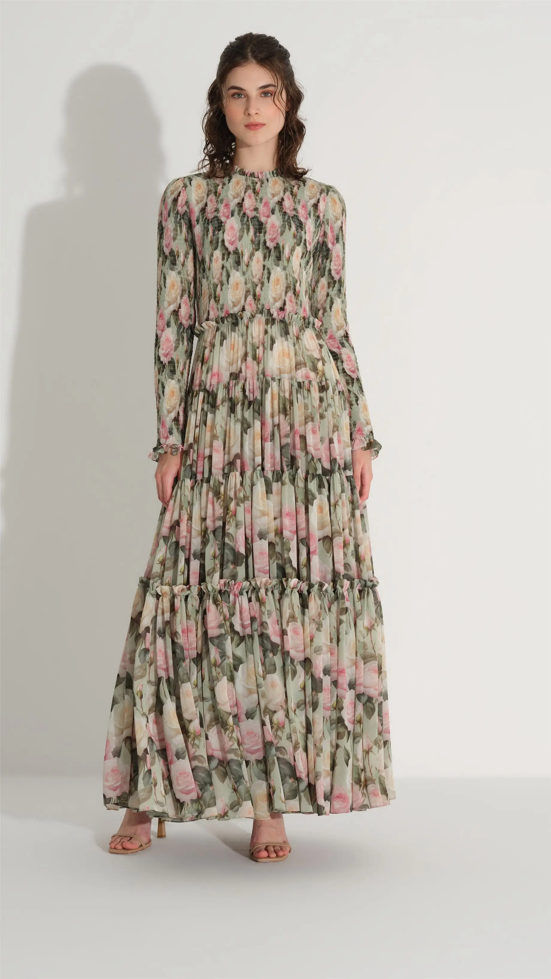 Smocked Chiffon Pleated Dress – Green