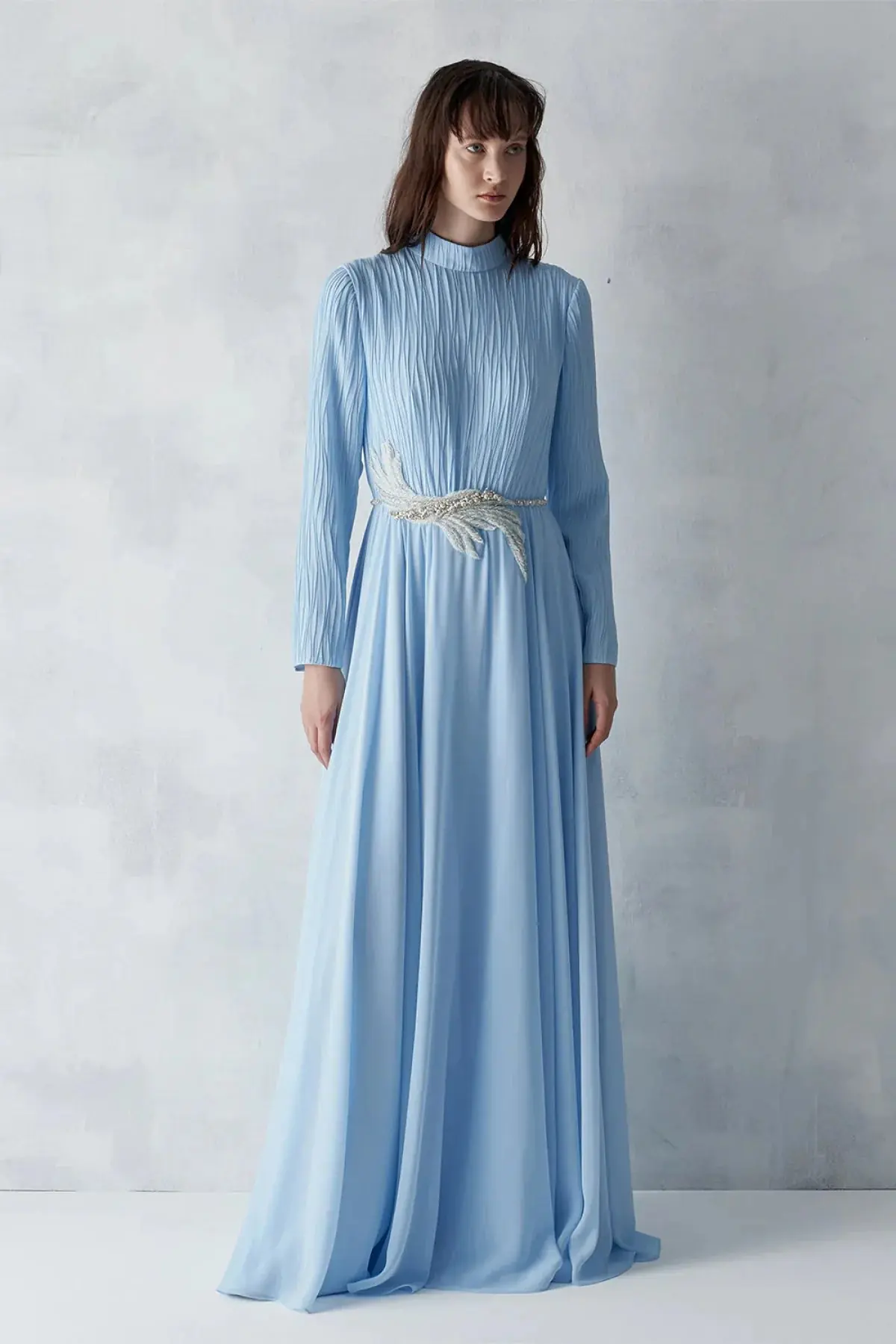 Pleated Bodice Embellished Evening Gown – Light Blue