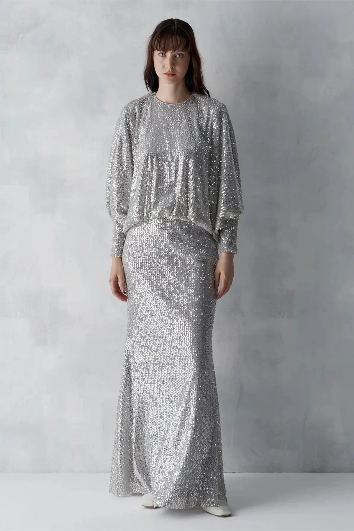 Sequined Blouse & Skirt Evening Set – Silver
