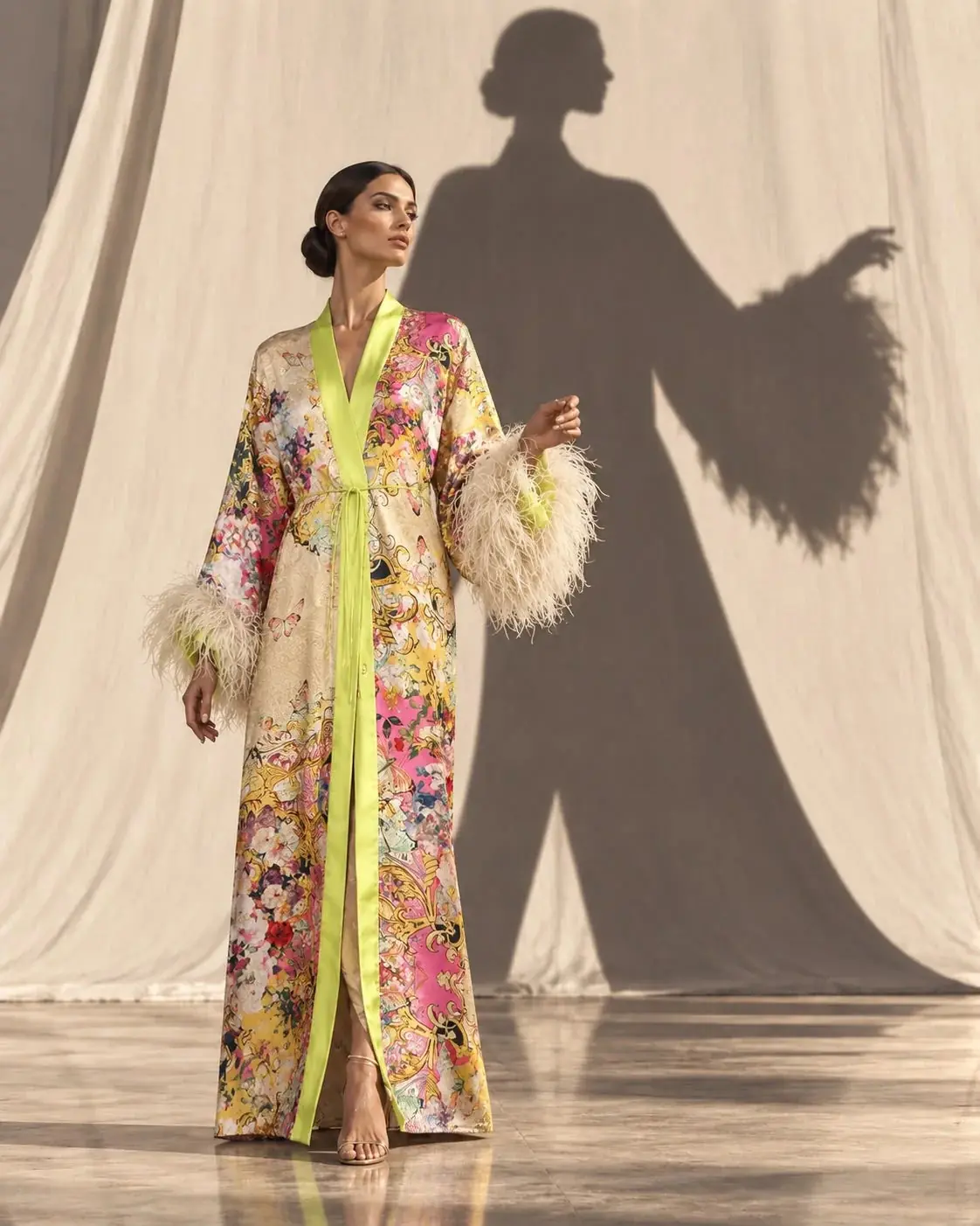 Rita Floral Kimono with Ostrich Feather Trim - Lime Green, photo 4
