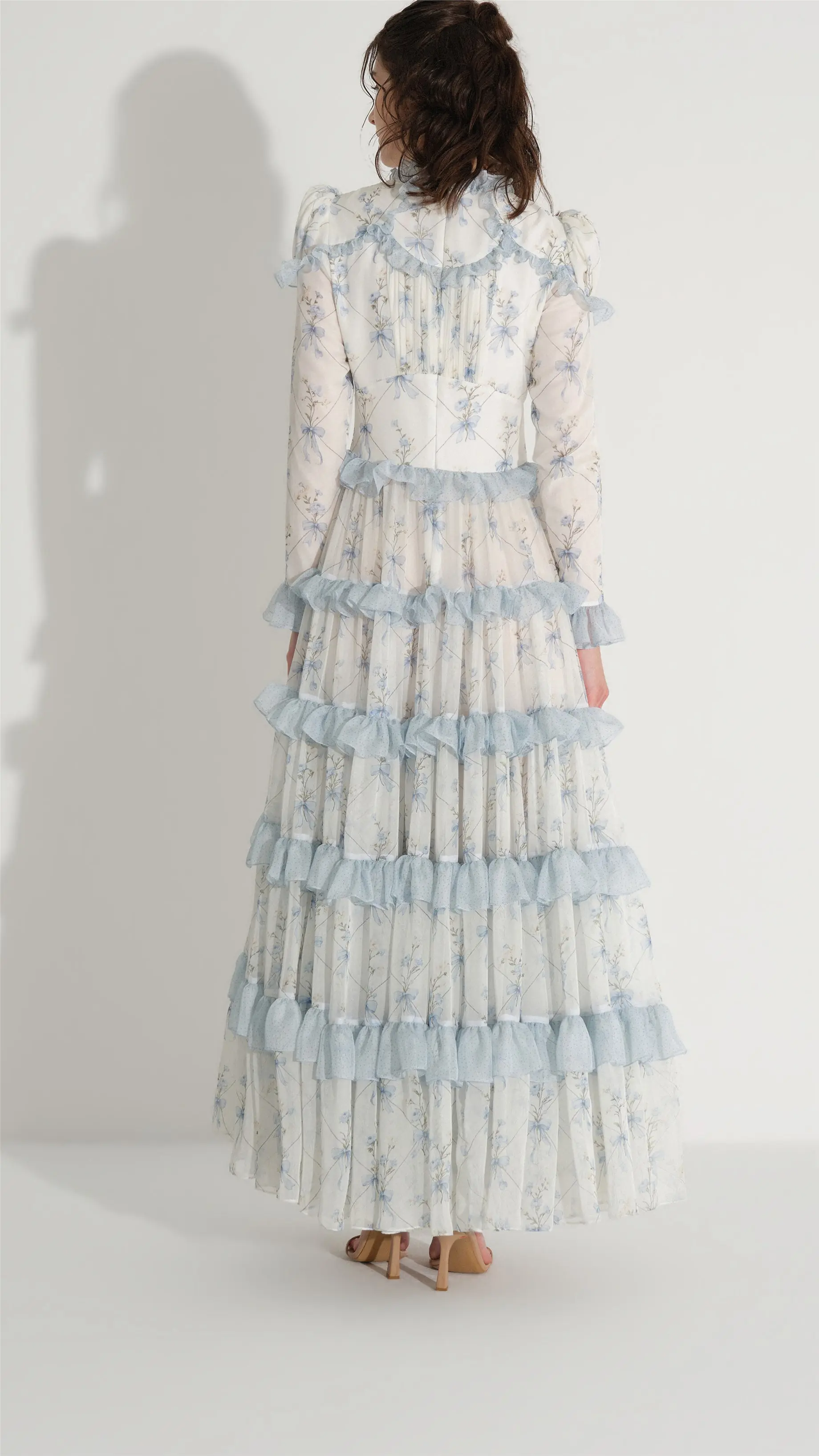 Bow-Print Gathered Chiffon Dress – Blue, photo 6
