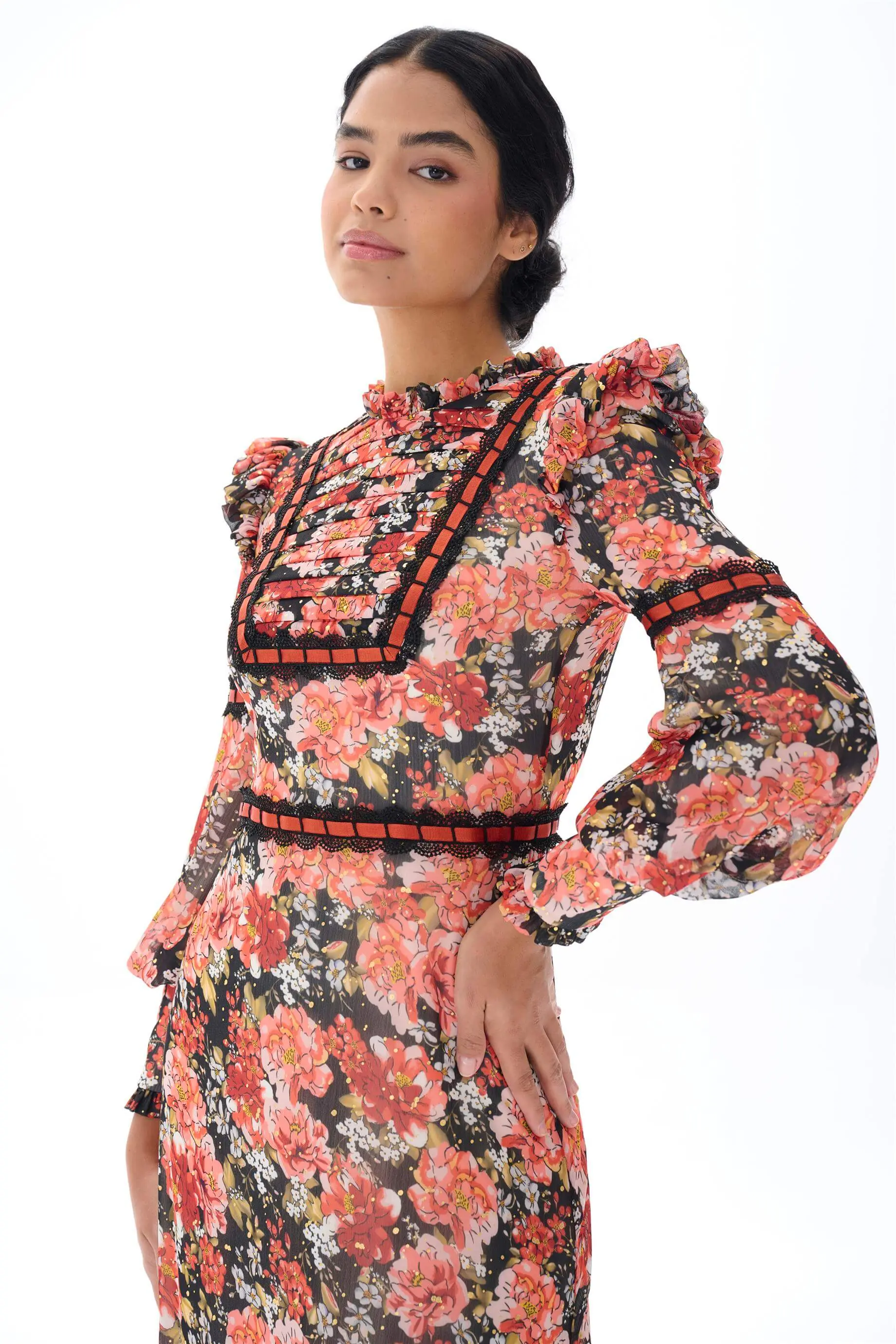 Yoryo Chiffon Foil Floral Dress – Black, photo 4