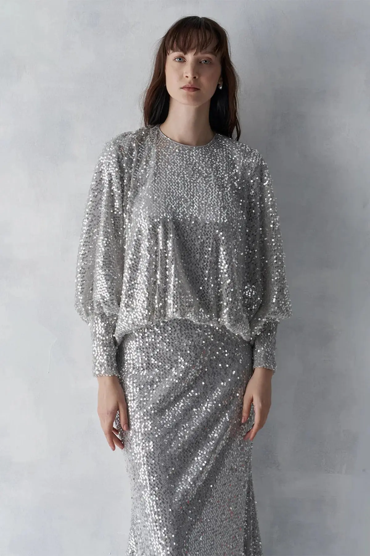 Sequined Blouse & Skirt Evening Set – Silver, photo 2