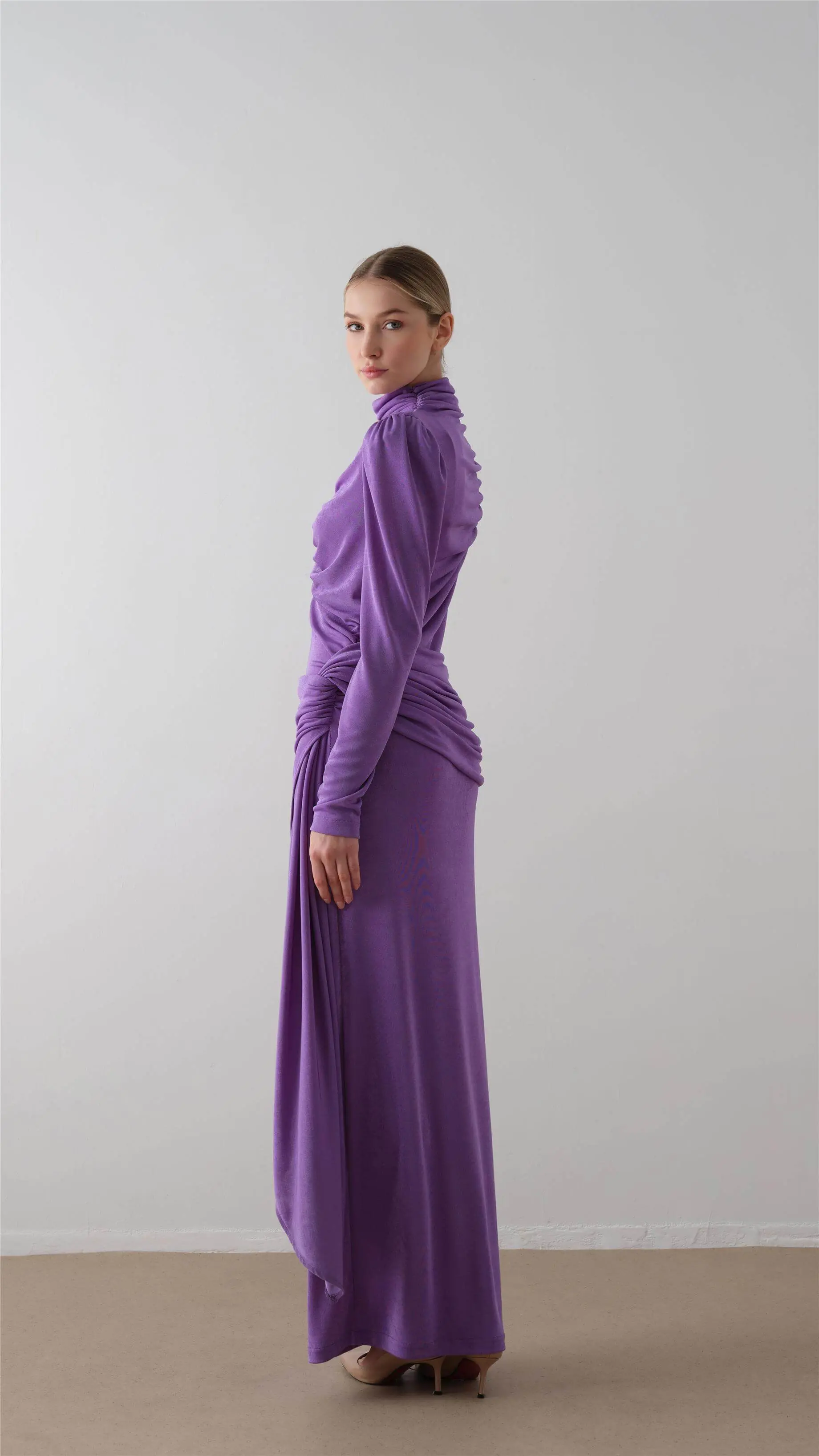 Ruched Turtleneck Dress – Purple, photo 2