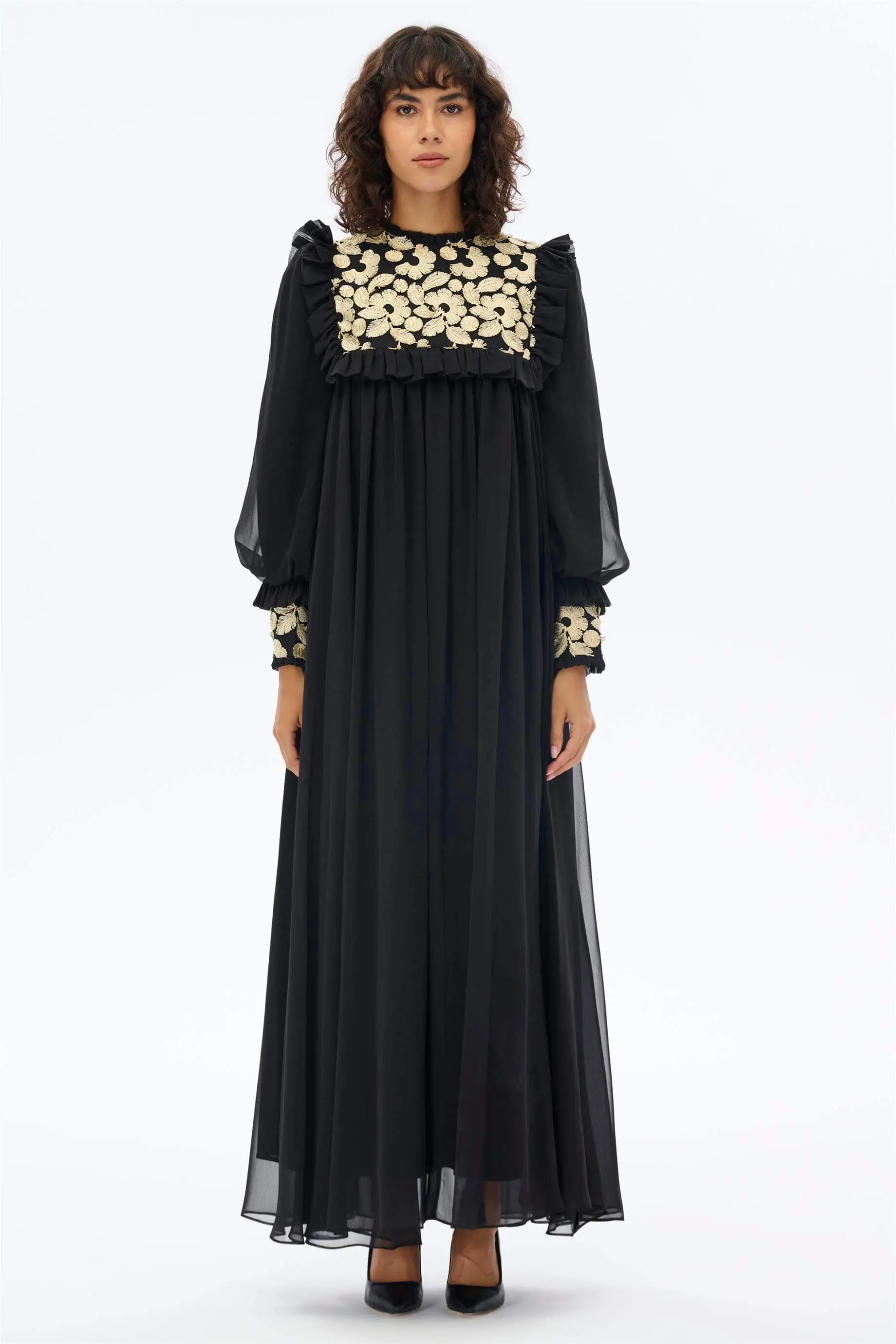 Embroidered Lace Yoke Chiffon Dress – Gold