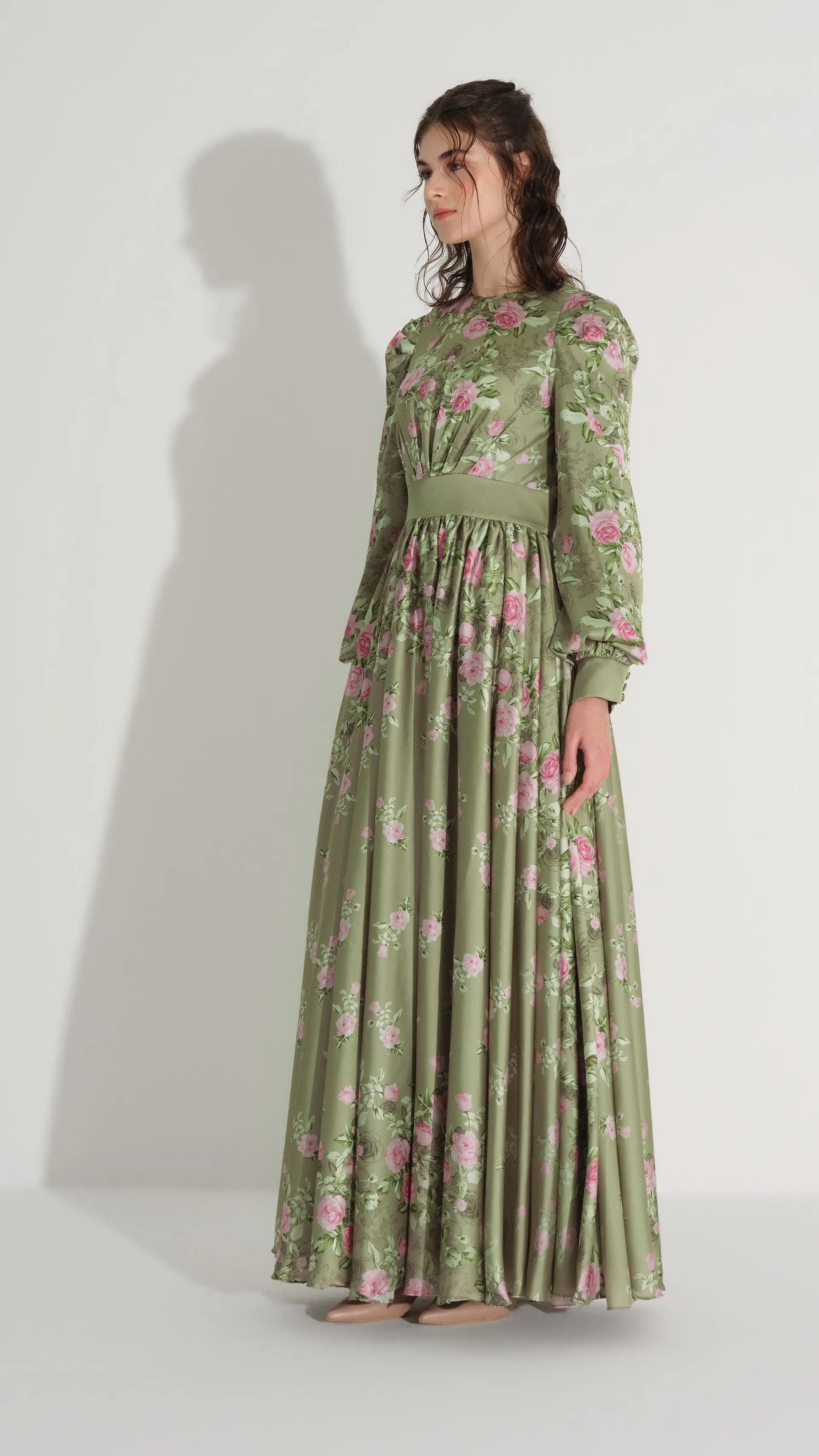 Floral Satin A-Line Dress – Green, photo 3