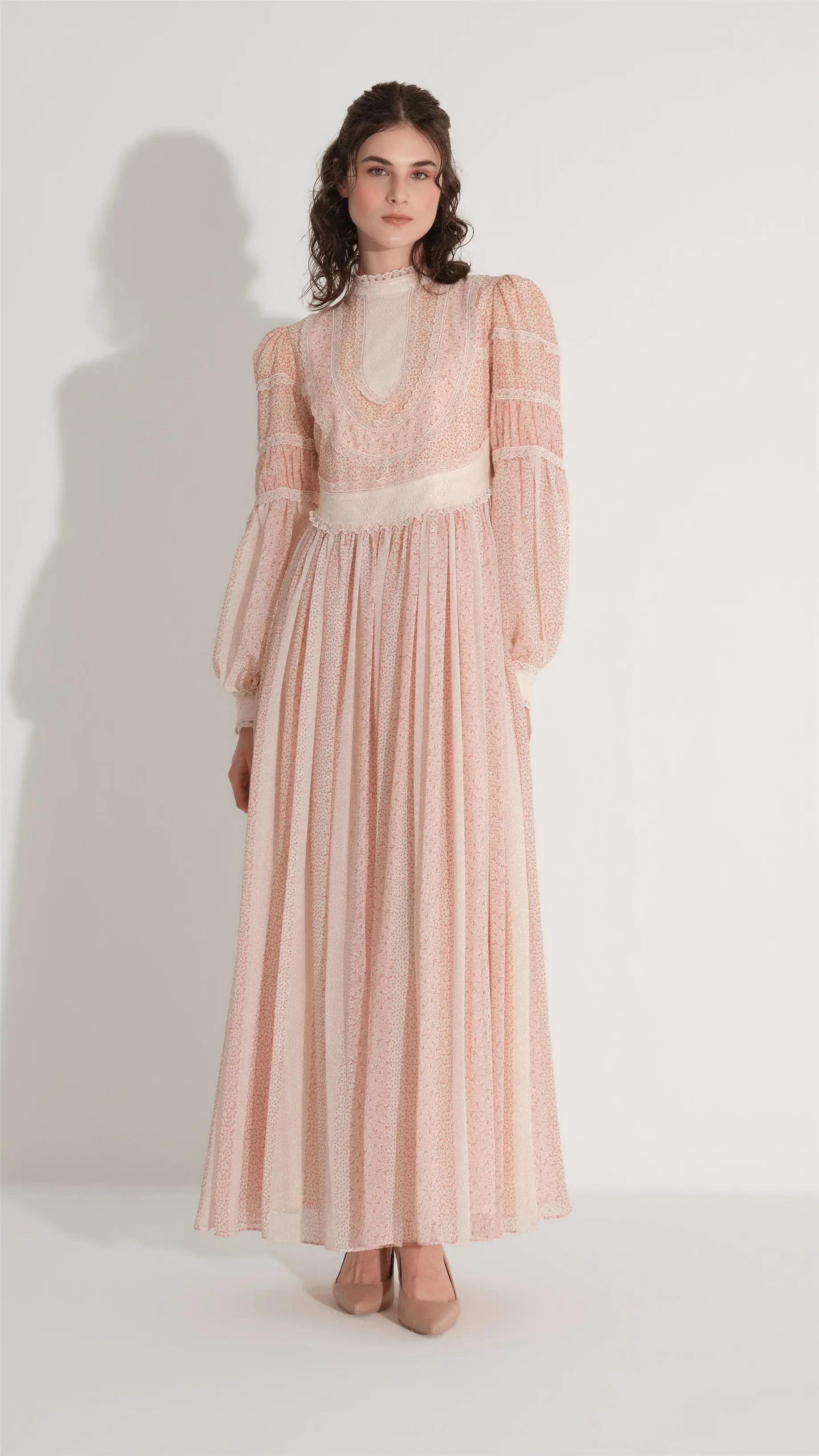 Lace Trim Gathered Chiffon Dress – Powder Pink, photo 4