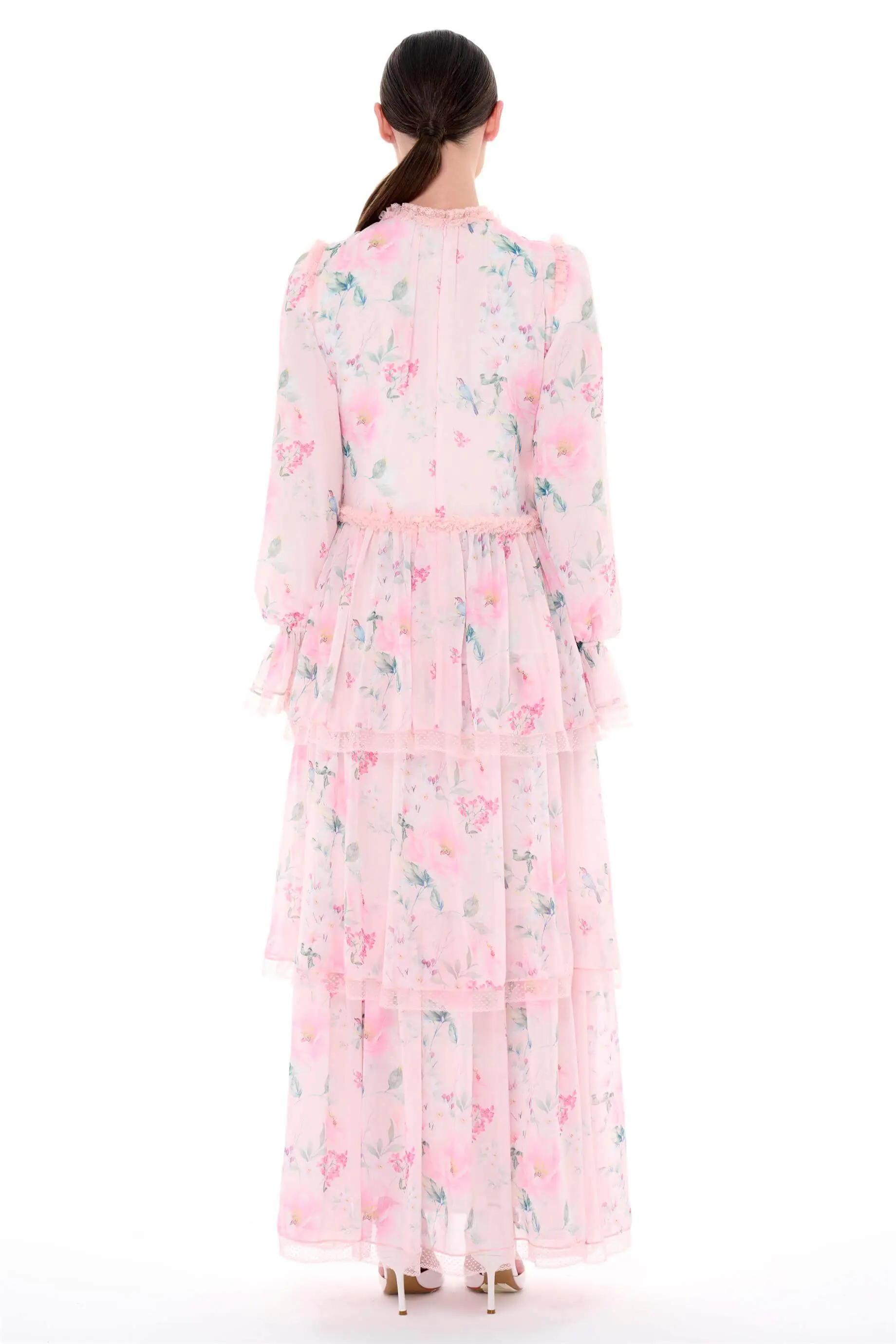 ETEĞİ KAT KAT DANTEL DETAYLI ELBİSE Pudra, photo 3