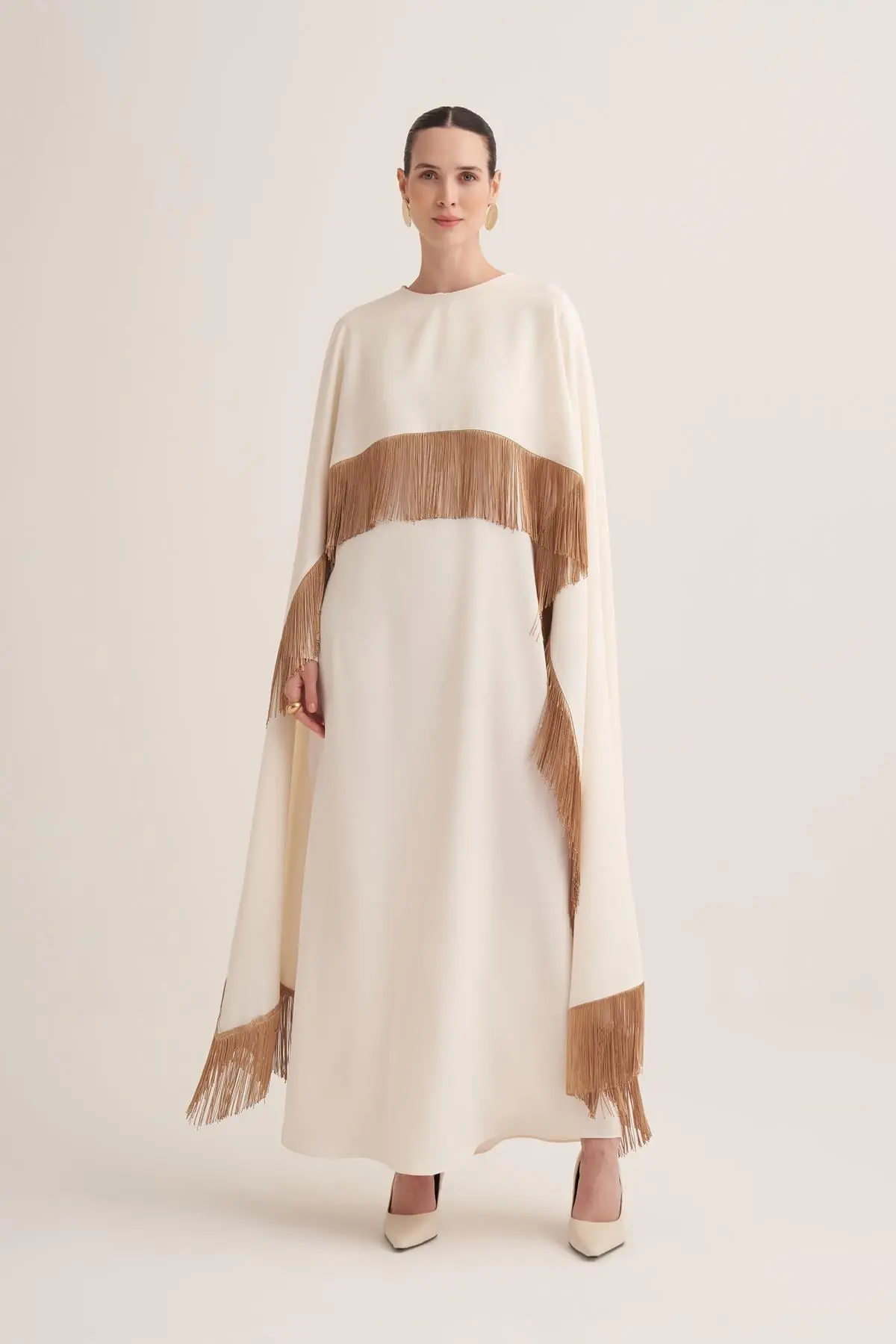 Milena Fringed Cape Maxi Dress – Cream, photo 2
