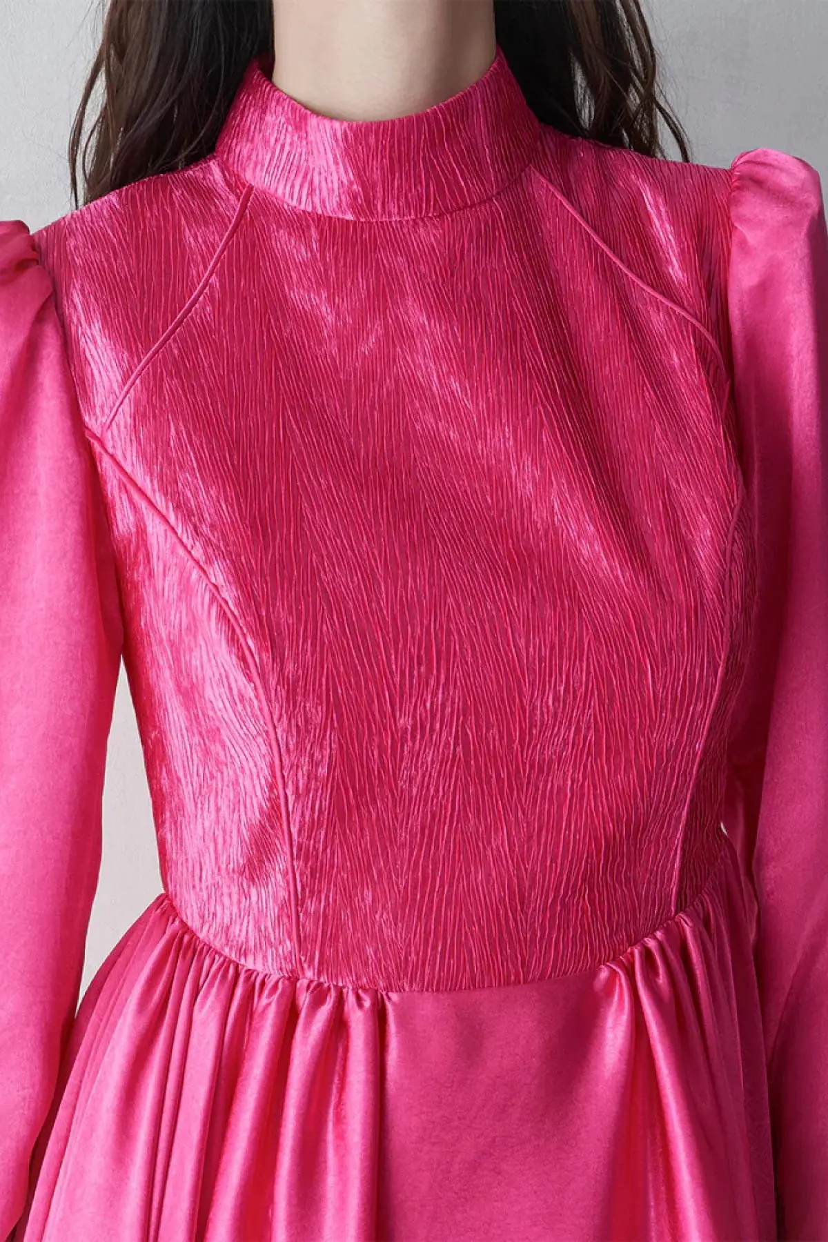 High Neck Textured Bodice Evening Gown – Fuchsia, photo 2