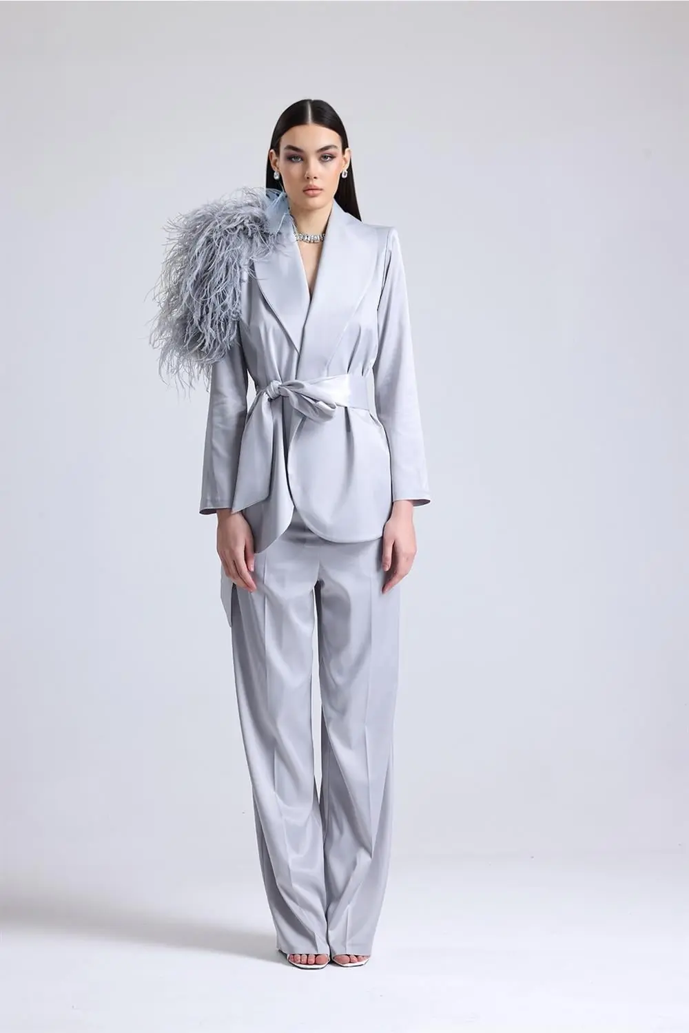 Lunar Ember Feather-Shoulder Set — Gray
