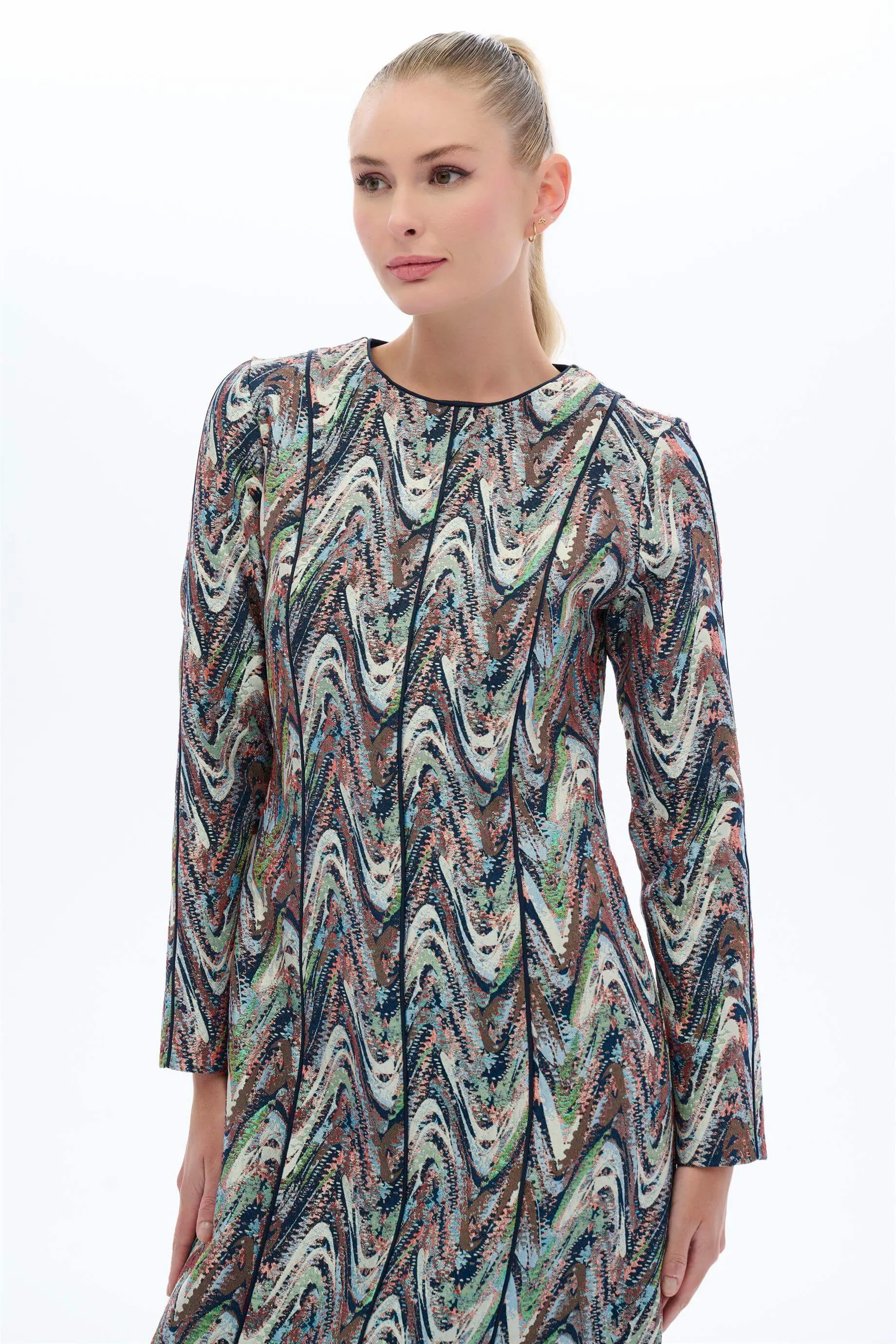Navy Blue Floral Brocade Modest Dress, photo 2