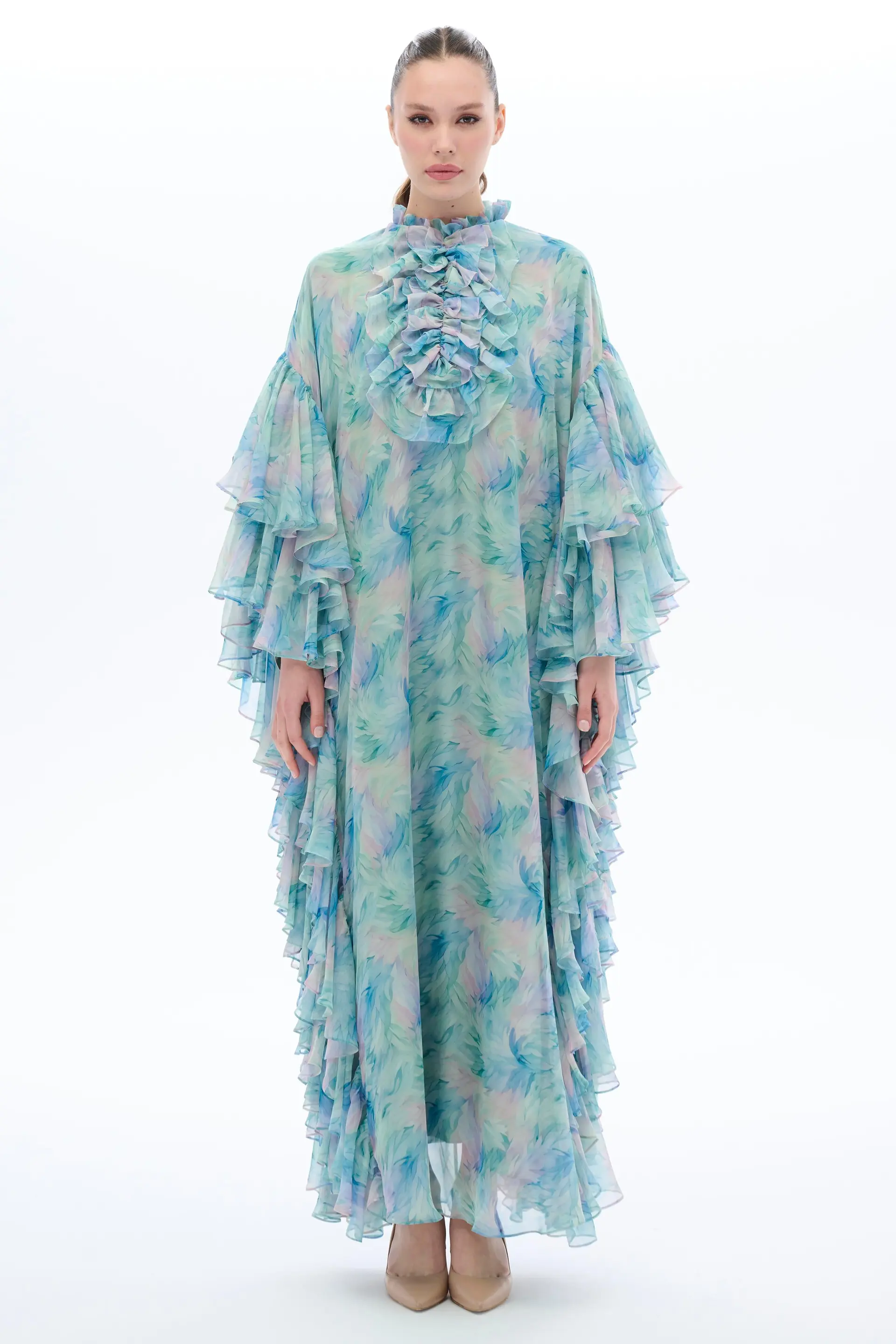 Ruffle-Sleeve Kaftan Dress – Mint
