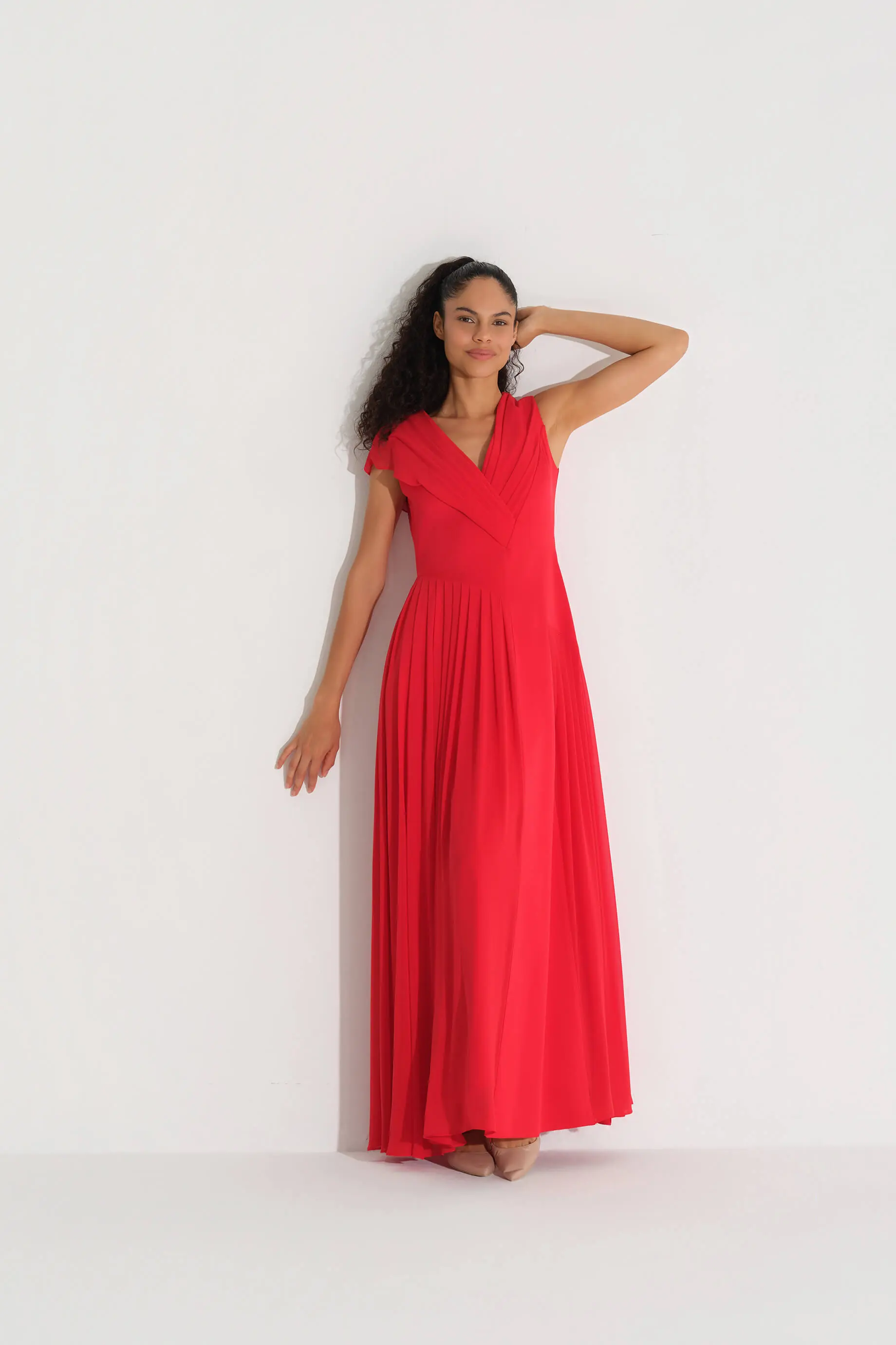 V YAKASA KESİM ŞİFON ELBİSE Kırmızı, photo 6