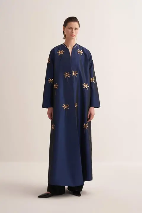 Glamor Embroidered Satin Abaya – Navy Blue