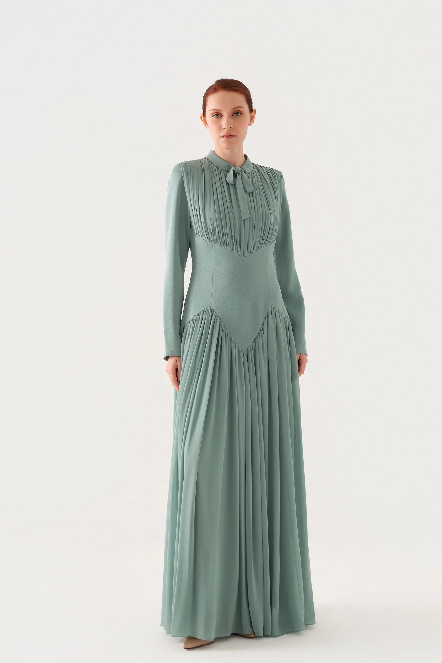 Bow-Neck Corset-Waist Crepe Maxi Dress – Dark Mint