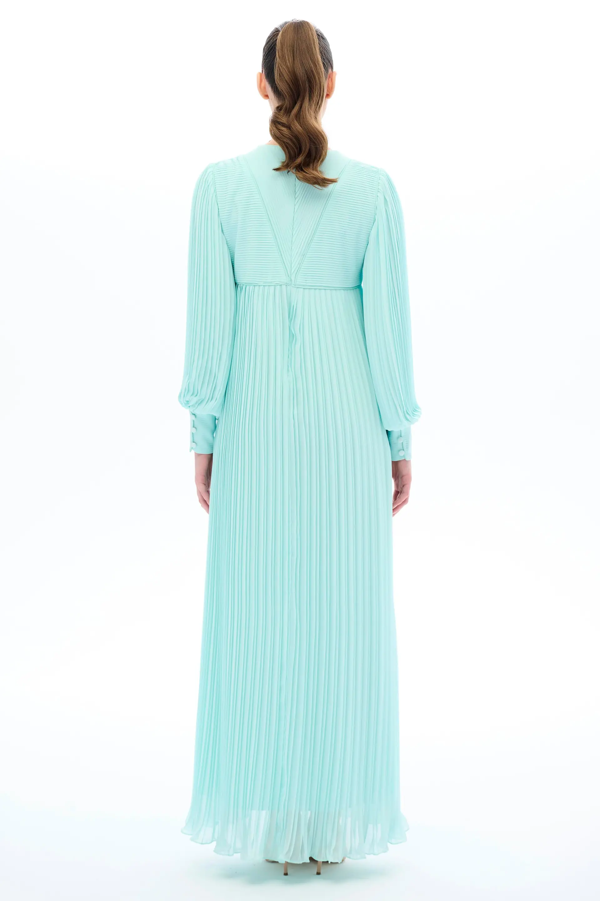 Pleated V-Front Romantic Dress – Mint Green, photo 4