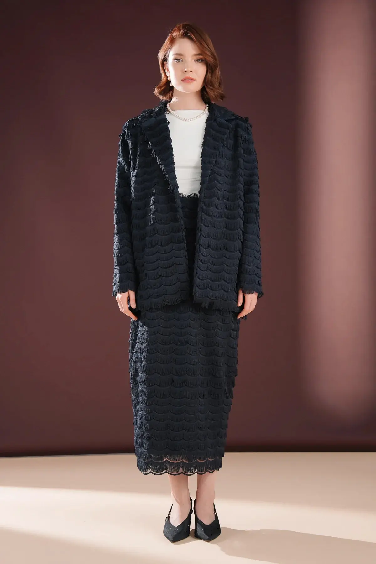 Elowen Textured Fringe Skirt & Jacket Set – Navy