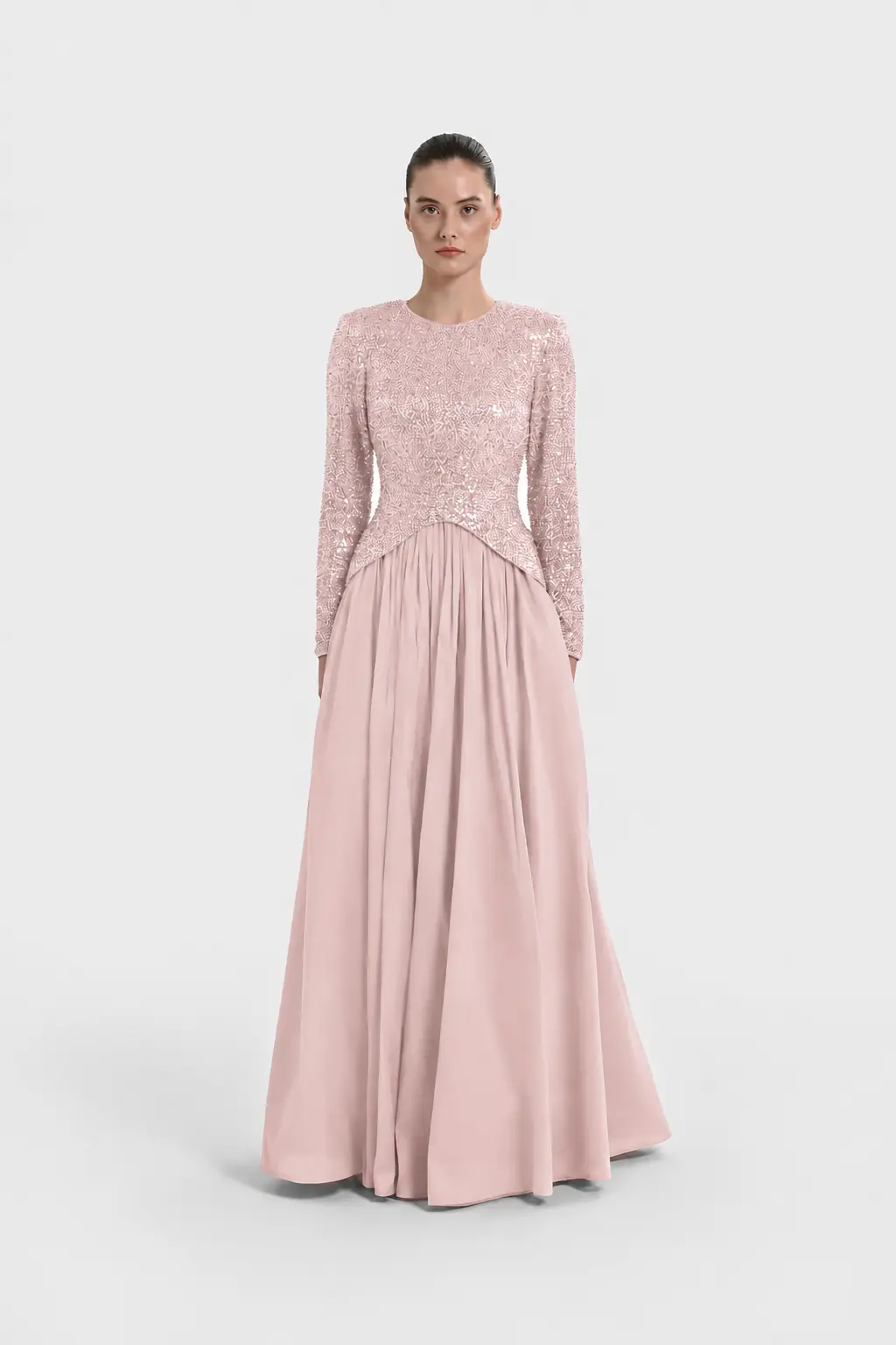 Sequin-Embellished Long-Sleeve Evening Gown - Powder Pink
