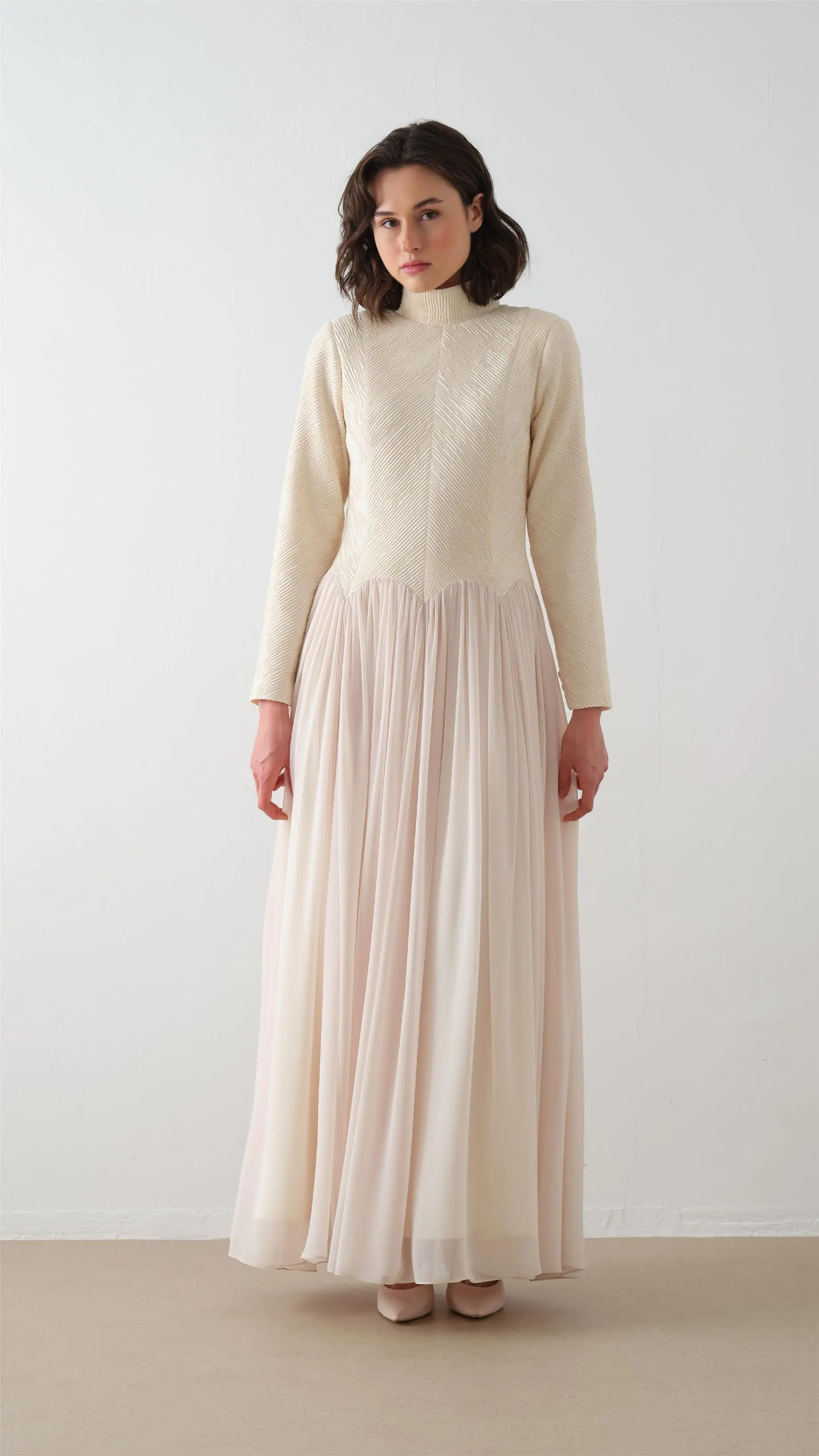 Turtleneck Crepe Chiffon Maxi Dress – Ecru