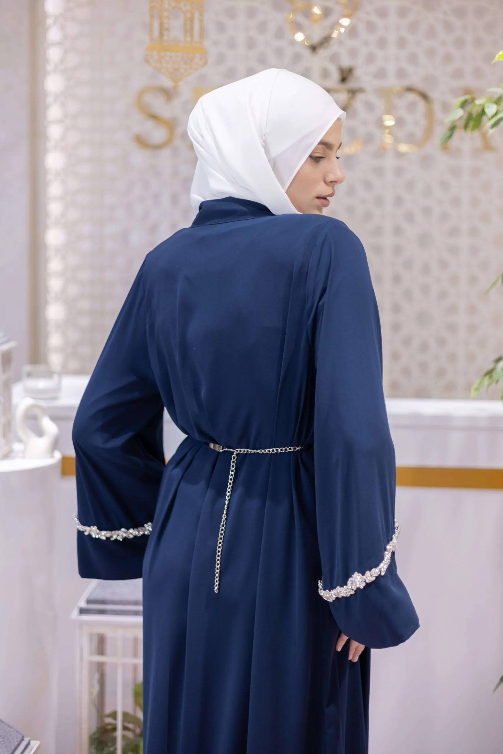 Opulent Silk Embellished Abaya – Navy, photo 7