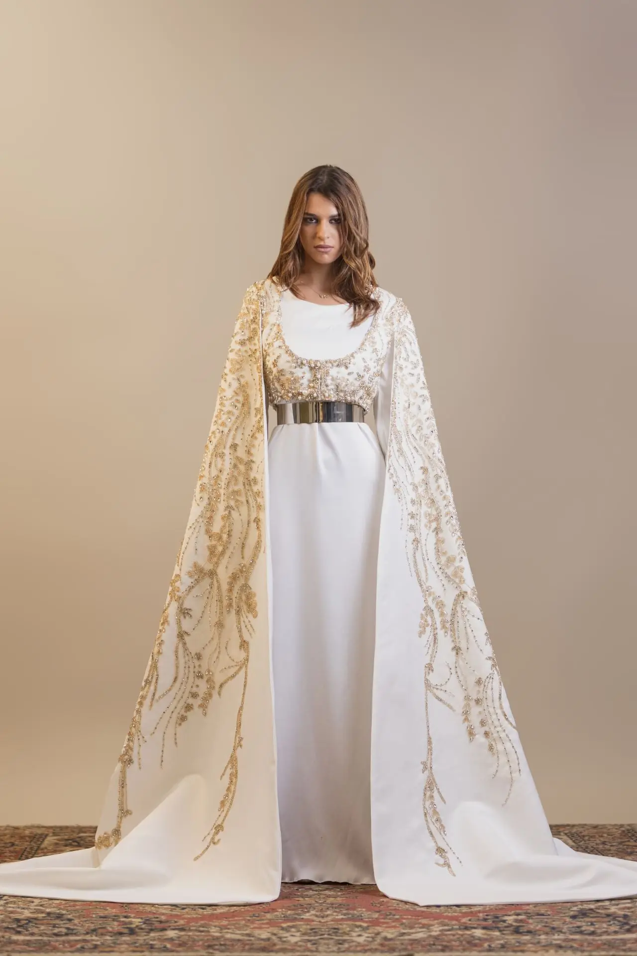 Astral Veil Embellished Satin Kaftan – Ivory
