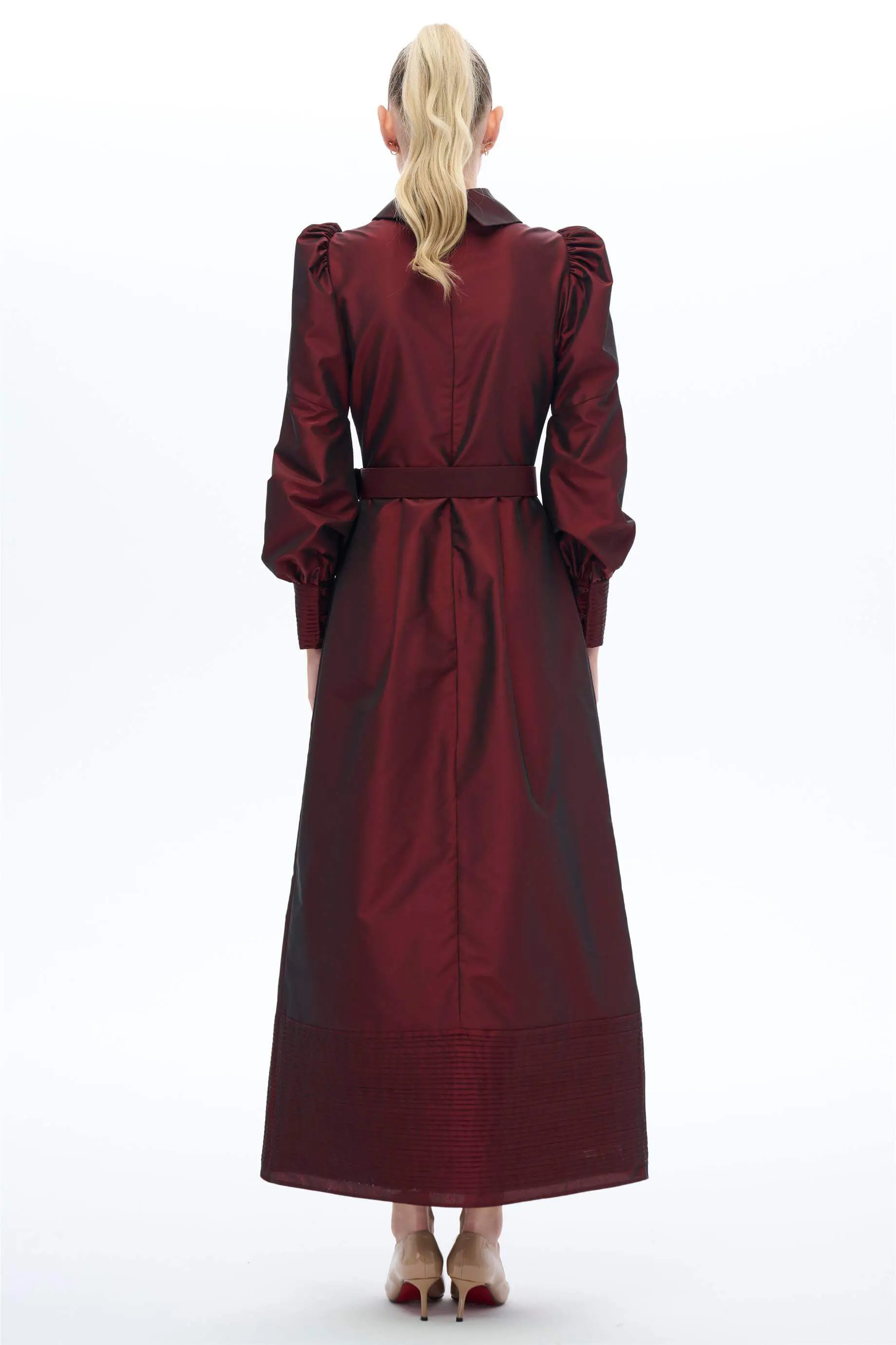 Pintuck Taffeta Belted Dress – Burgundy, photo 4