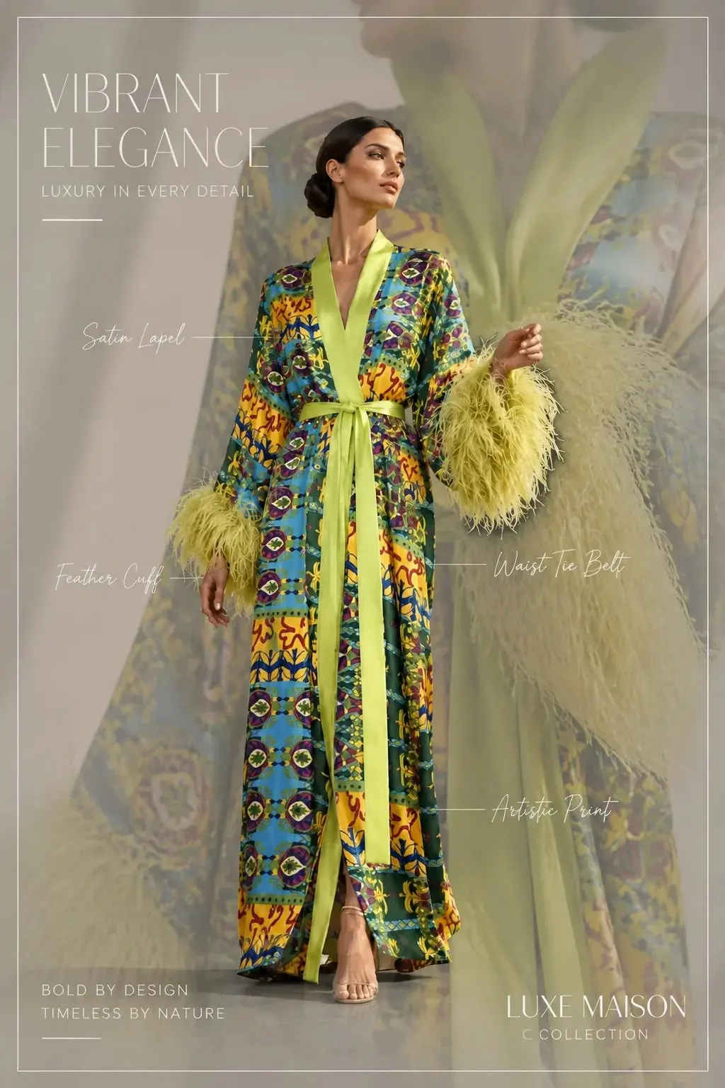 Rita Printed Silk Kimono with Ostrich Feather Trim - Green, photo 5