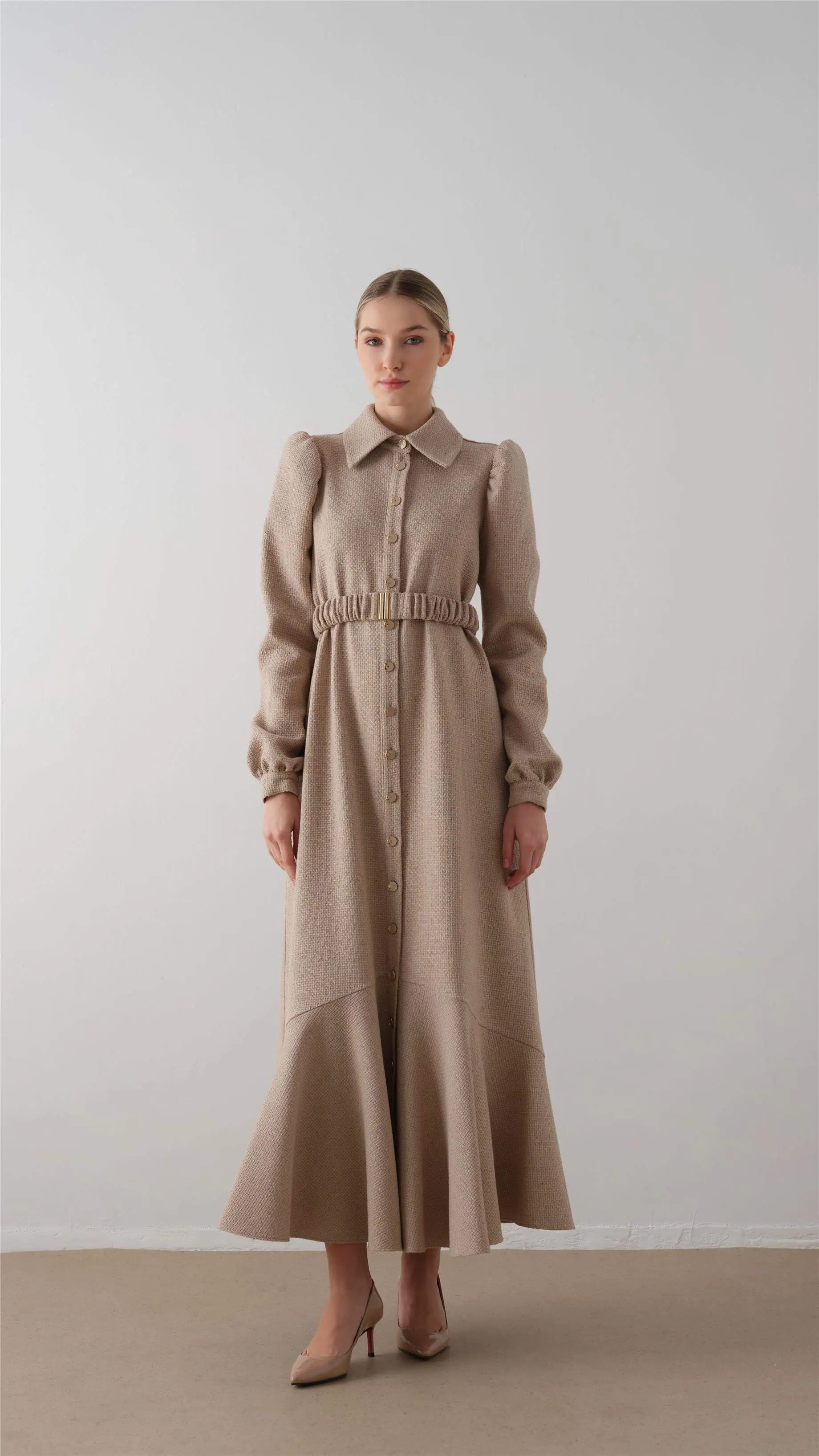 Elastic Belted Tweed Dress – Taupe, photo 4