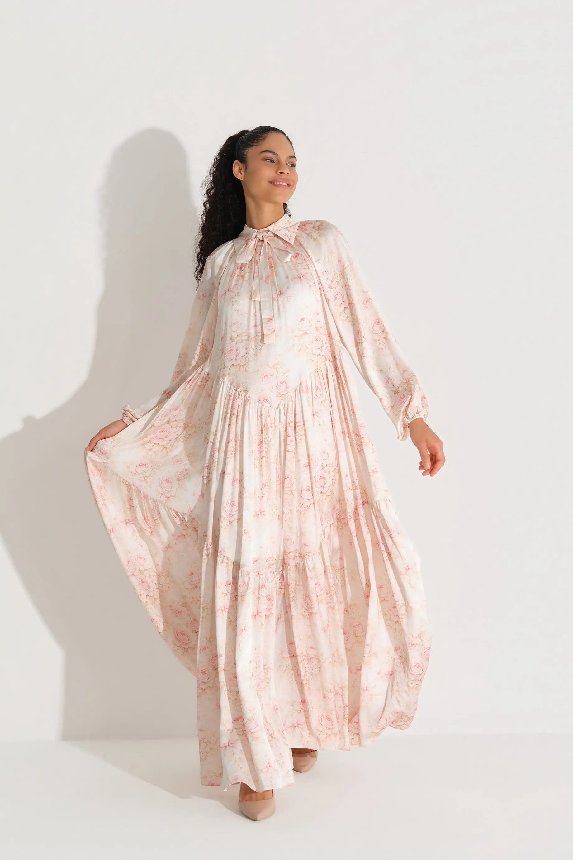 Bow-Neck Floral Chiffon Satin Dress – Somon, photo 3