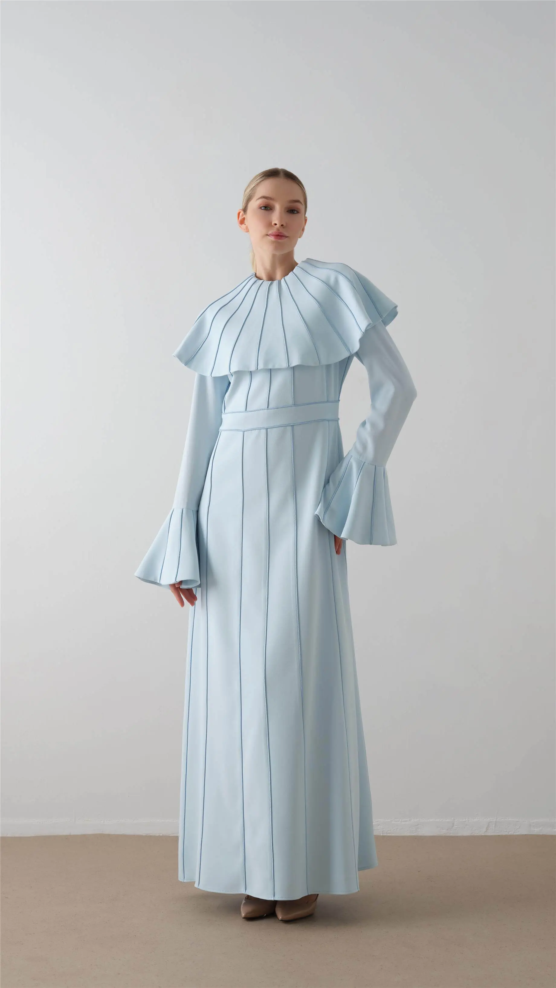 Cape-Detail Crepe Dress – Blue