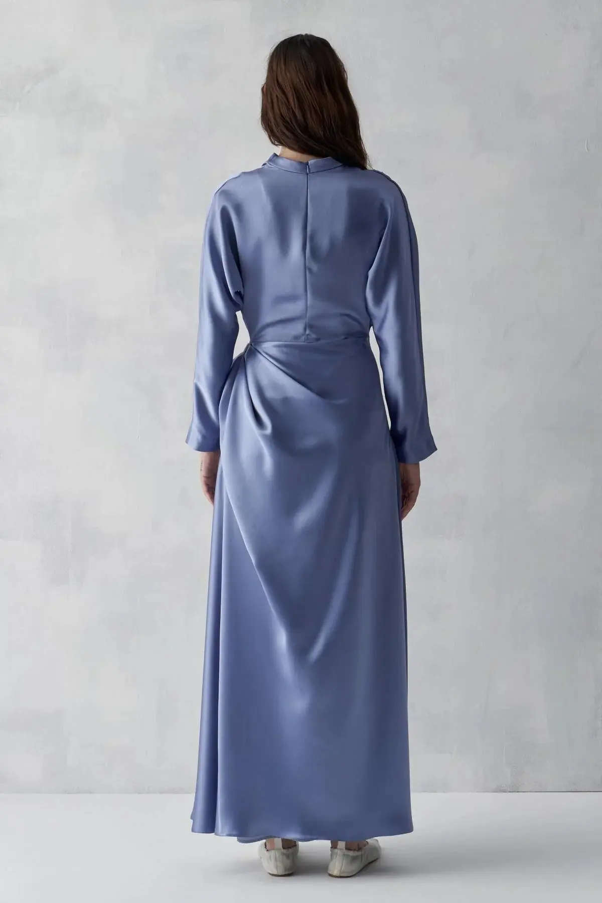 Asymmetric Draped High-Neck Satin Long Evening Dress - Blue, photo 5