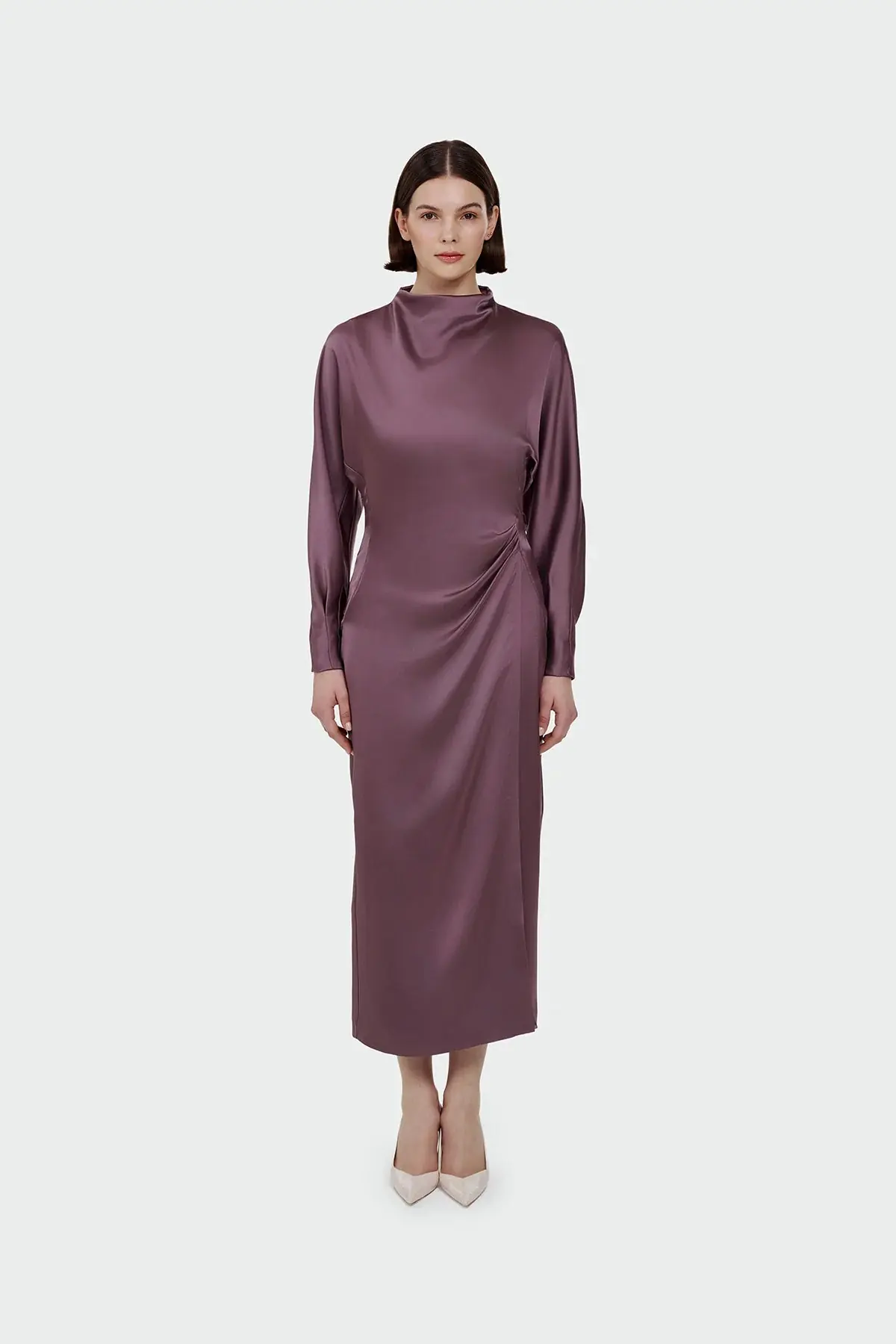 Ruched Waist Satin Midi Dress - Plum