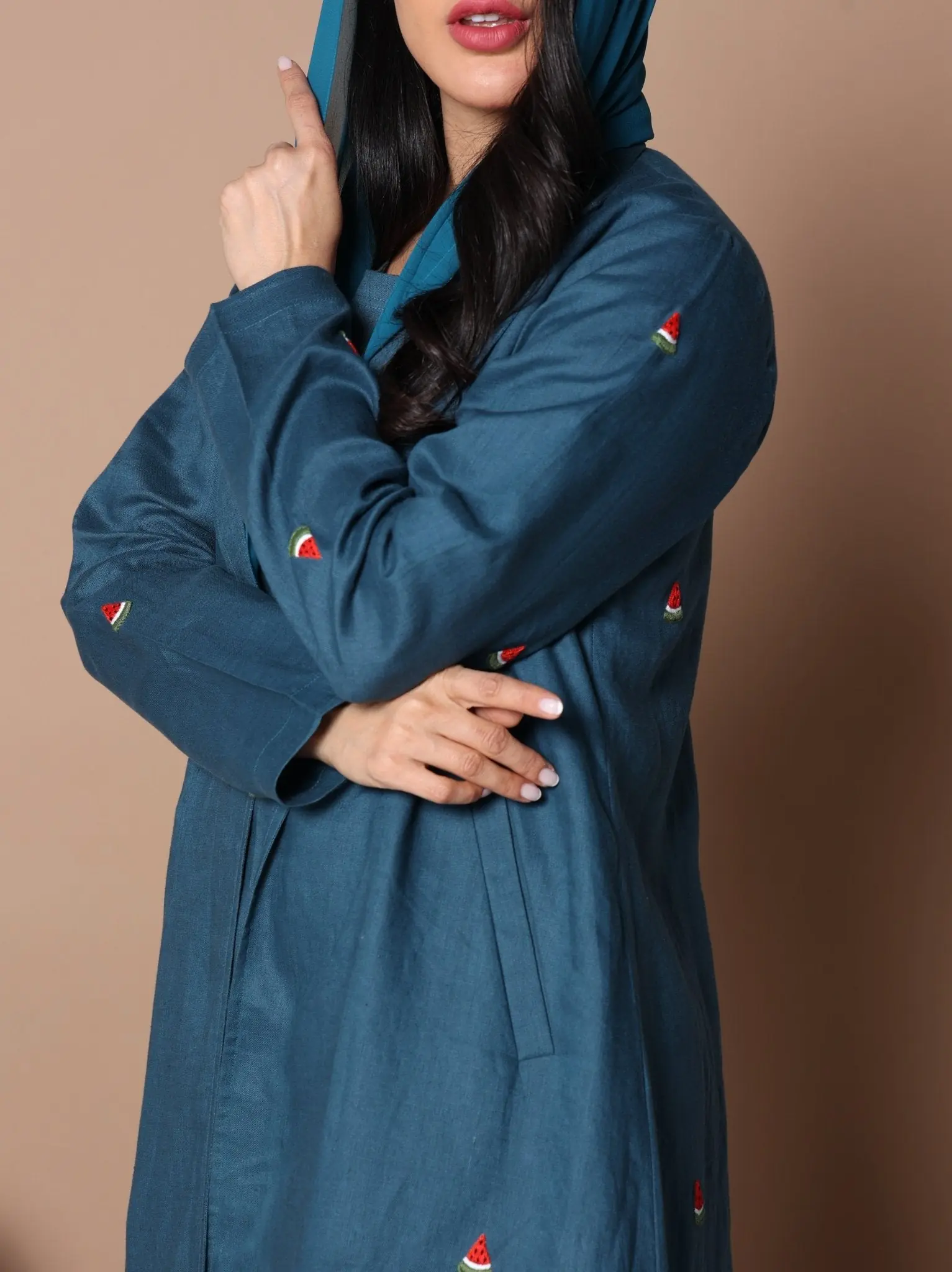 Watermelon Linen Abaya Teal blue, photo 3