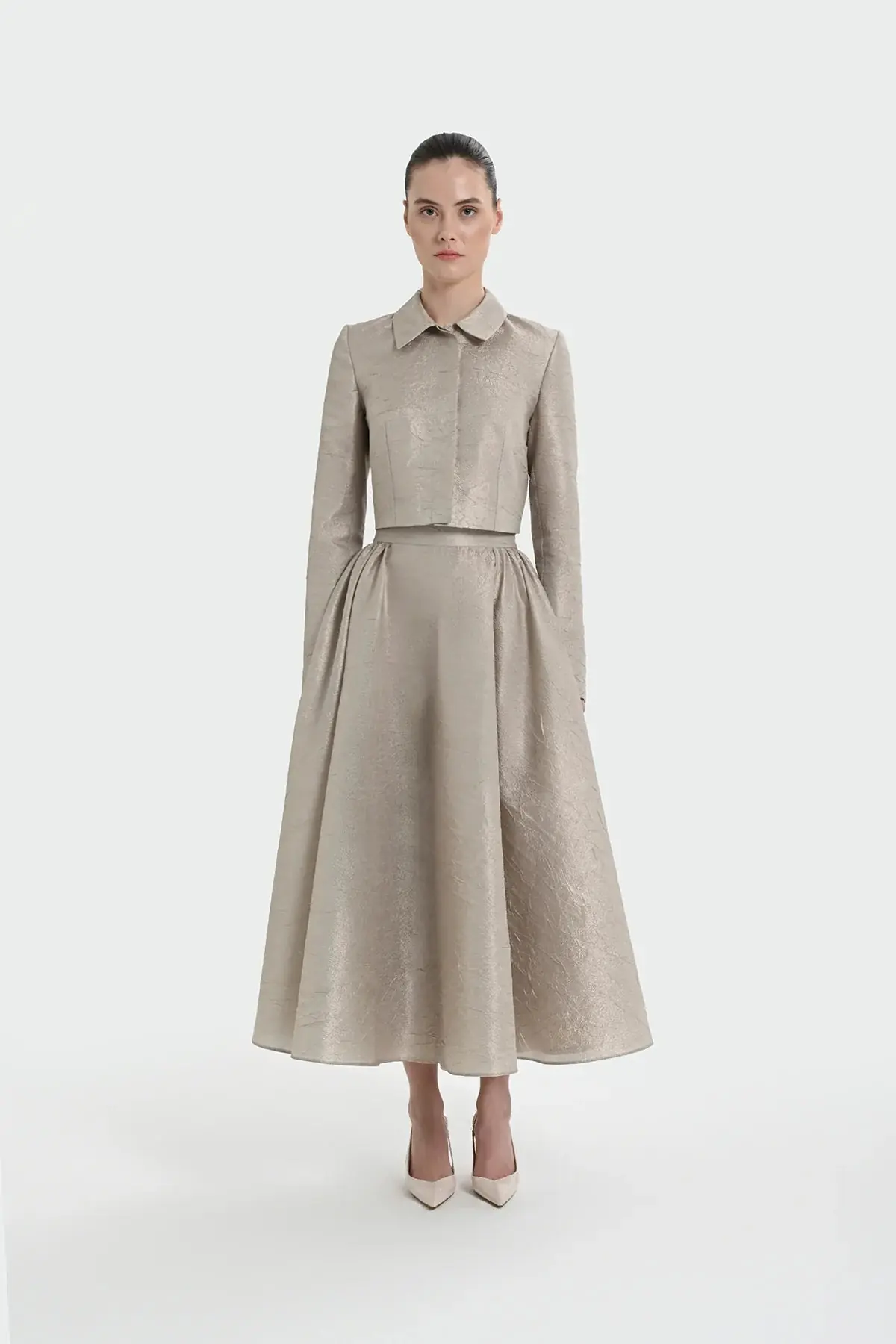Shirt Collar Cropped Jacket & Skirt Set - Beige