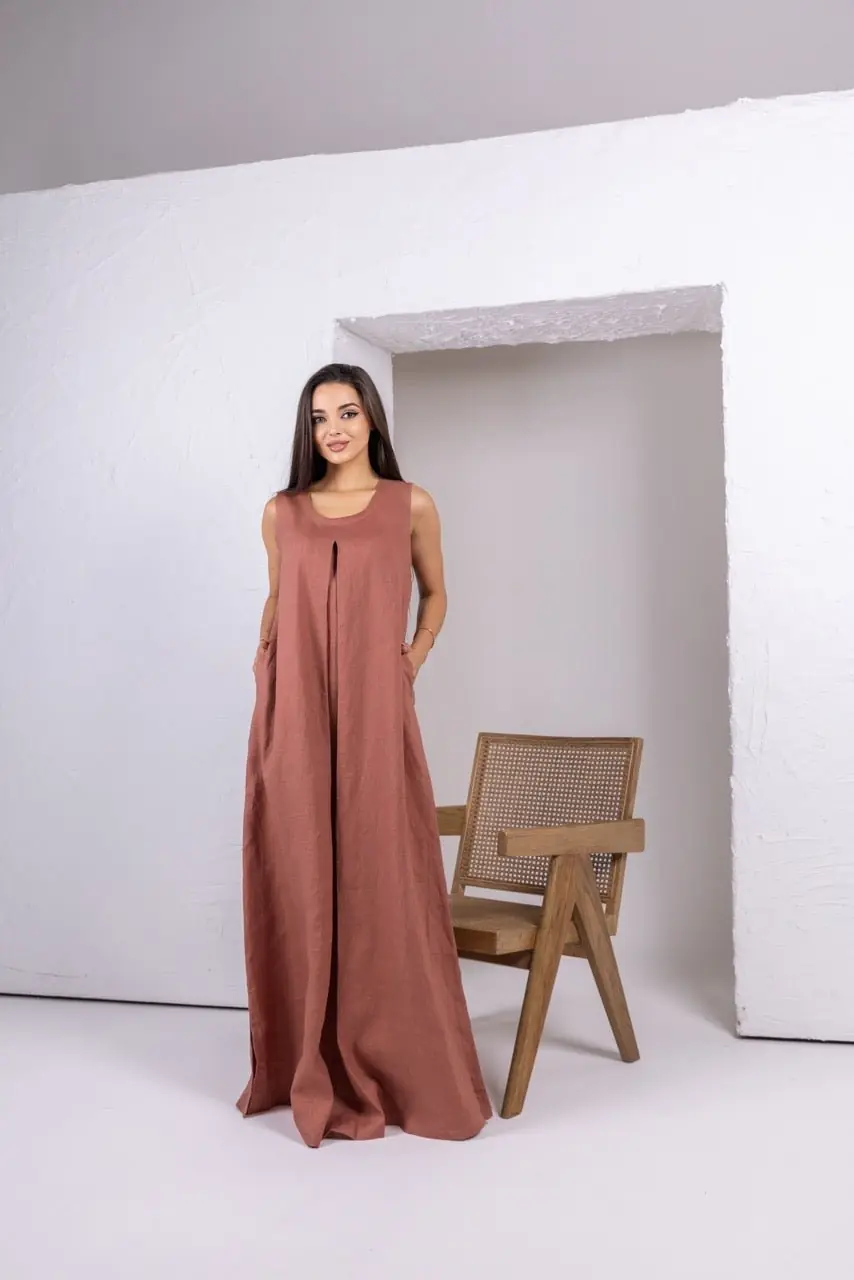 Brown Pink Linen Dress