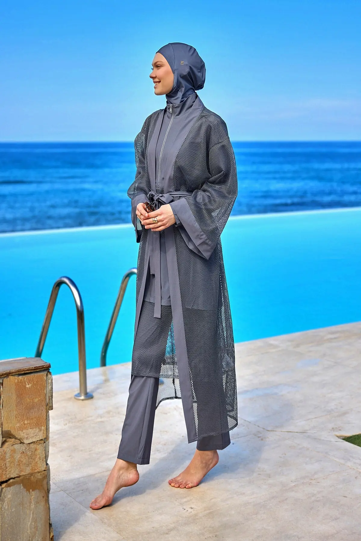 Charcoal Full Length Modest Mesh Kimono – Marina P2501-5, photo 4