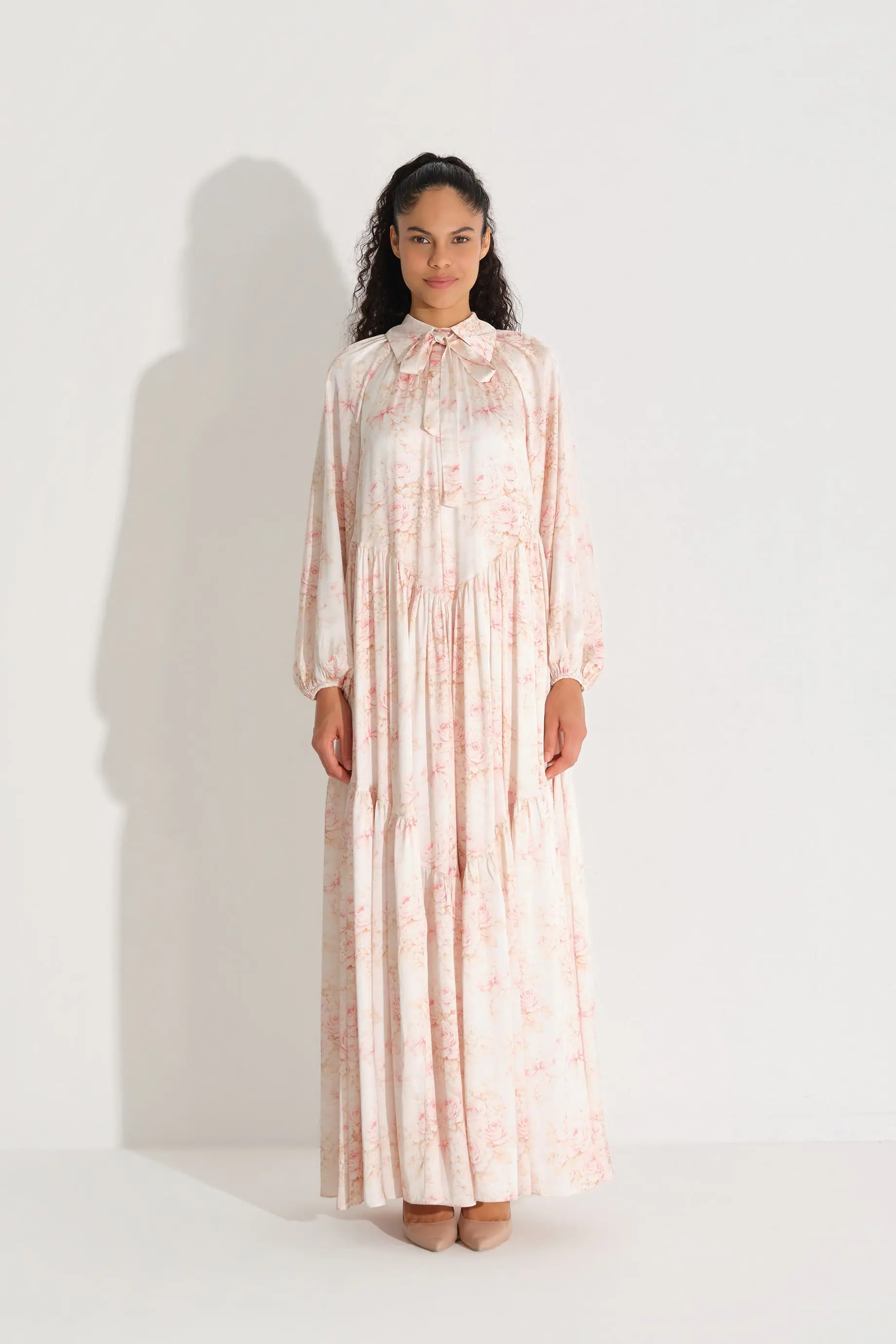 Bow-Neck Floral Chiffon Satin Dress – Somon