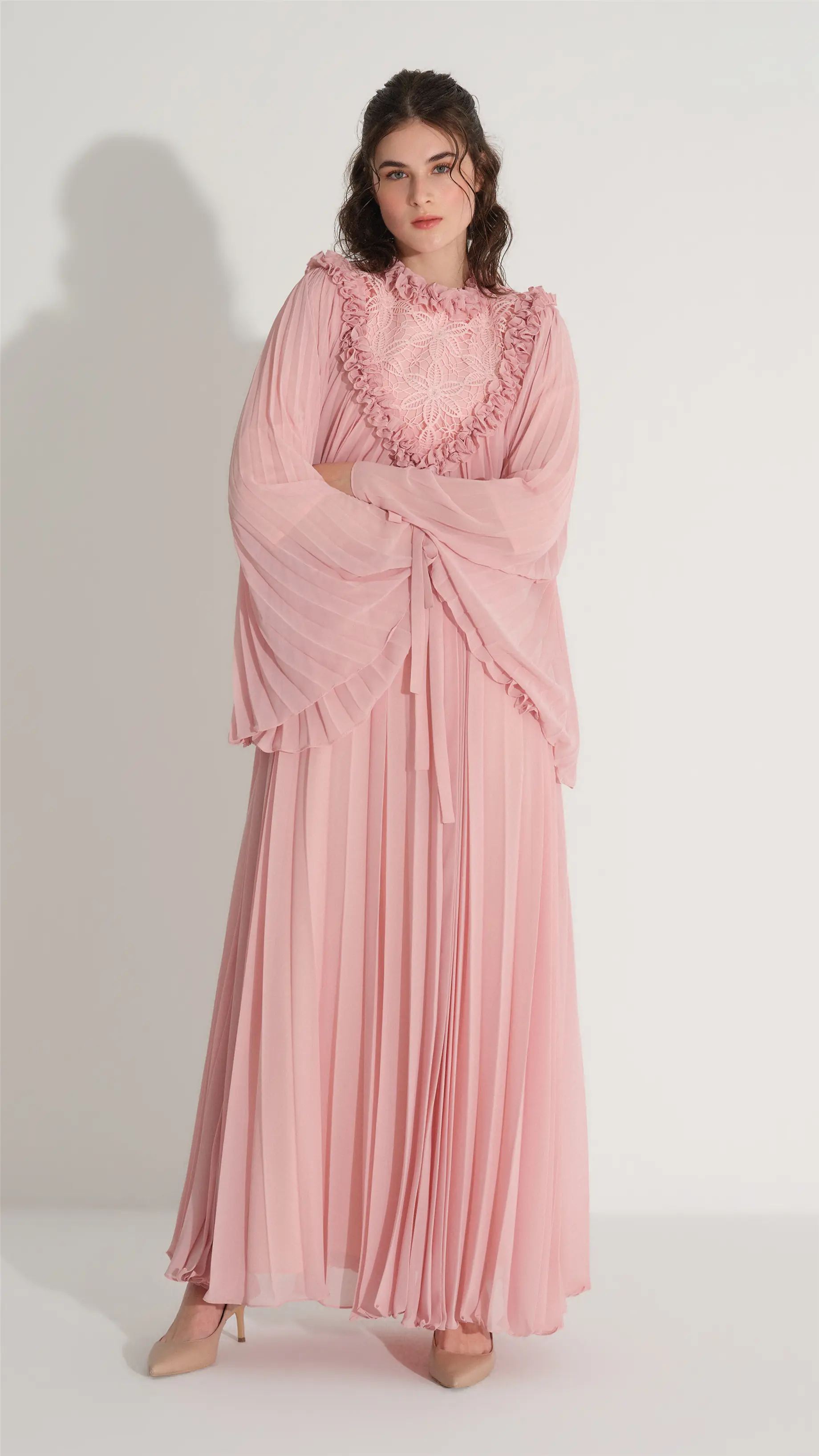 ÜST BEDENİ DANTEL FIRFIR DETAYLI PİLİSE ELBİSE Pembe, photo 5