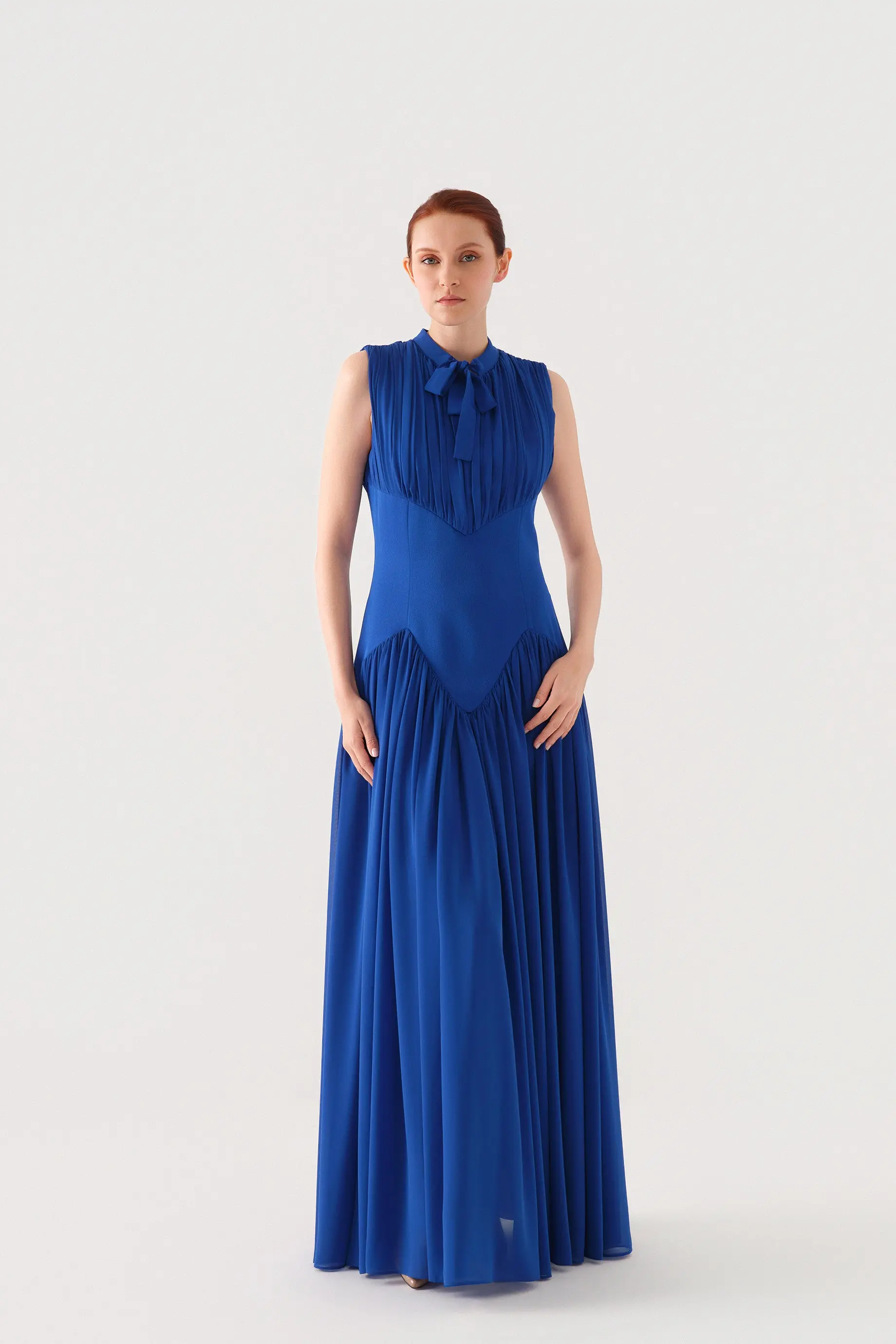 Sleeveless Bow-Neck Corset-Detail Chiffon Crepe Maxi Dress – Royal Blue